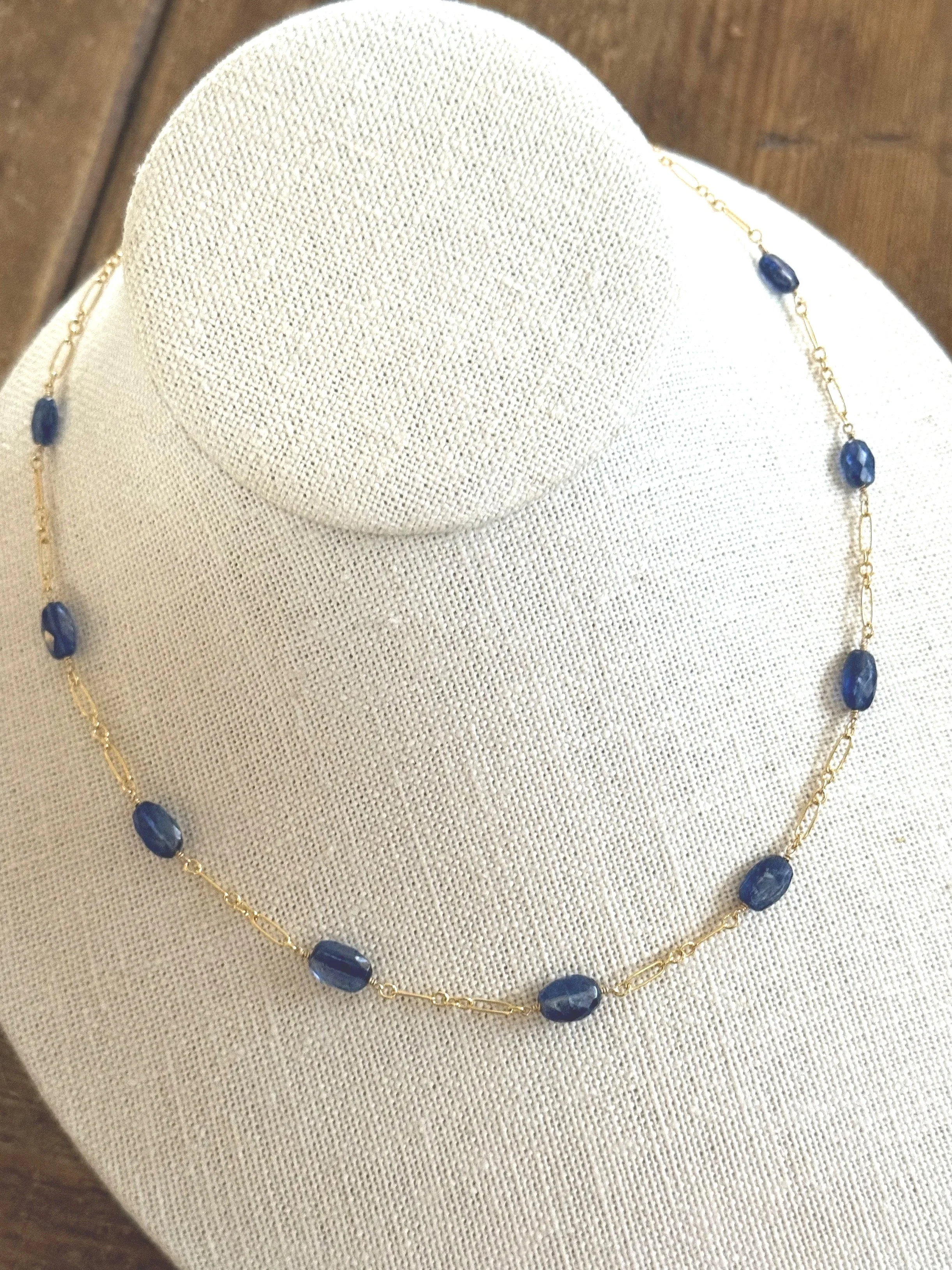 Blue Iolite Gemstone and Gold Link Necklace