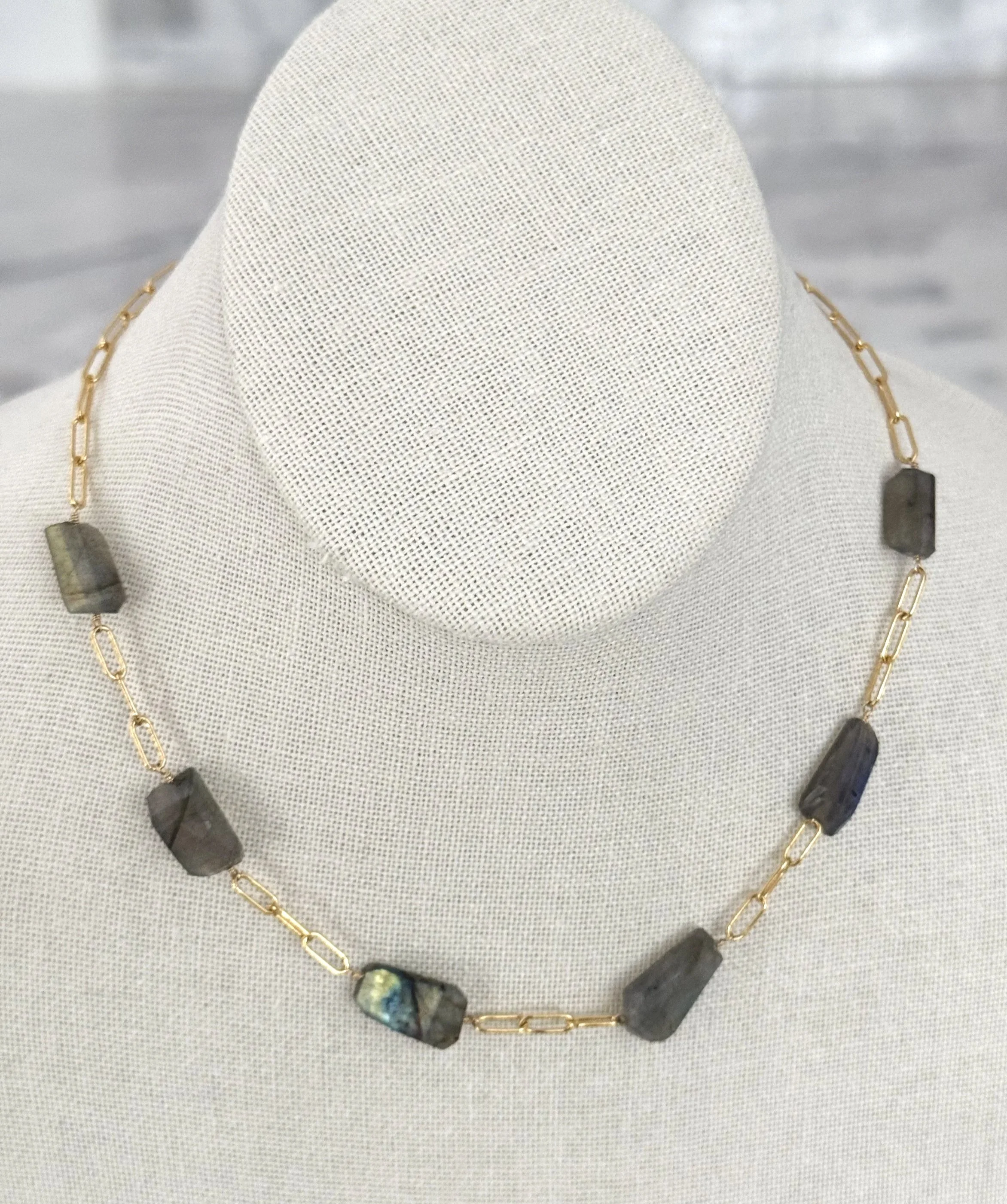 Genuine Labradorite and Gold Paperclip Link Necklace
