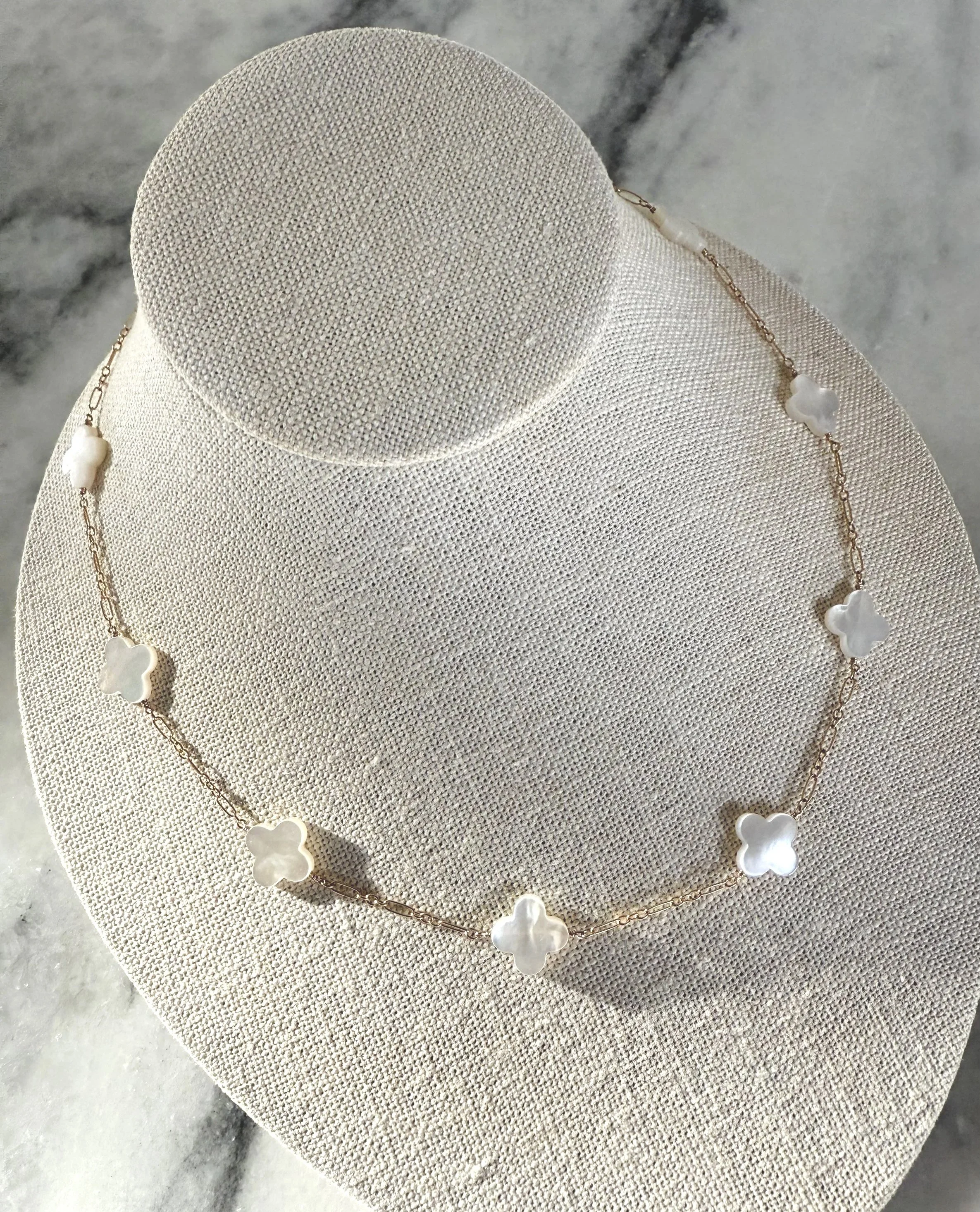 Mother of Pearl Quatrefoil Gold Link Necklace