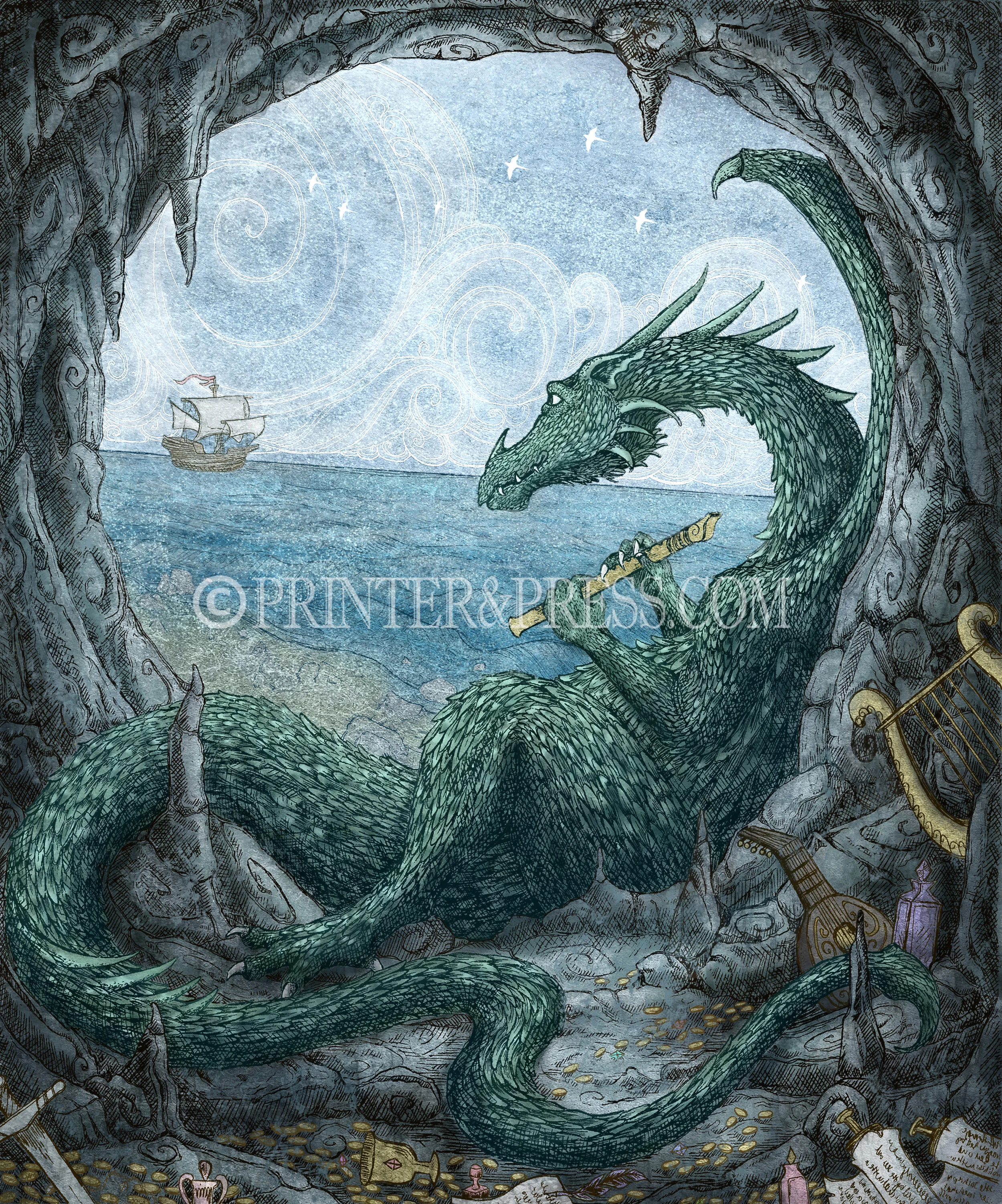 This print was drawn from the song by Peter Paul and Mary, "Puff the Magic Dragon". Puff is patiently waiting in his cave by the sea, filled with musical instruments and magic. This piece was originally made as an intaglio etching, and has been scanned and digitally colored by me to make this colorful version. I had to try multiple instruments in his hands before deciding on the recorder. The rest of the instruments blocked his face! So I decided he would perhaps be a hoarder of musical instruments, as any good dragon is.