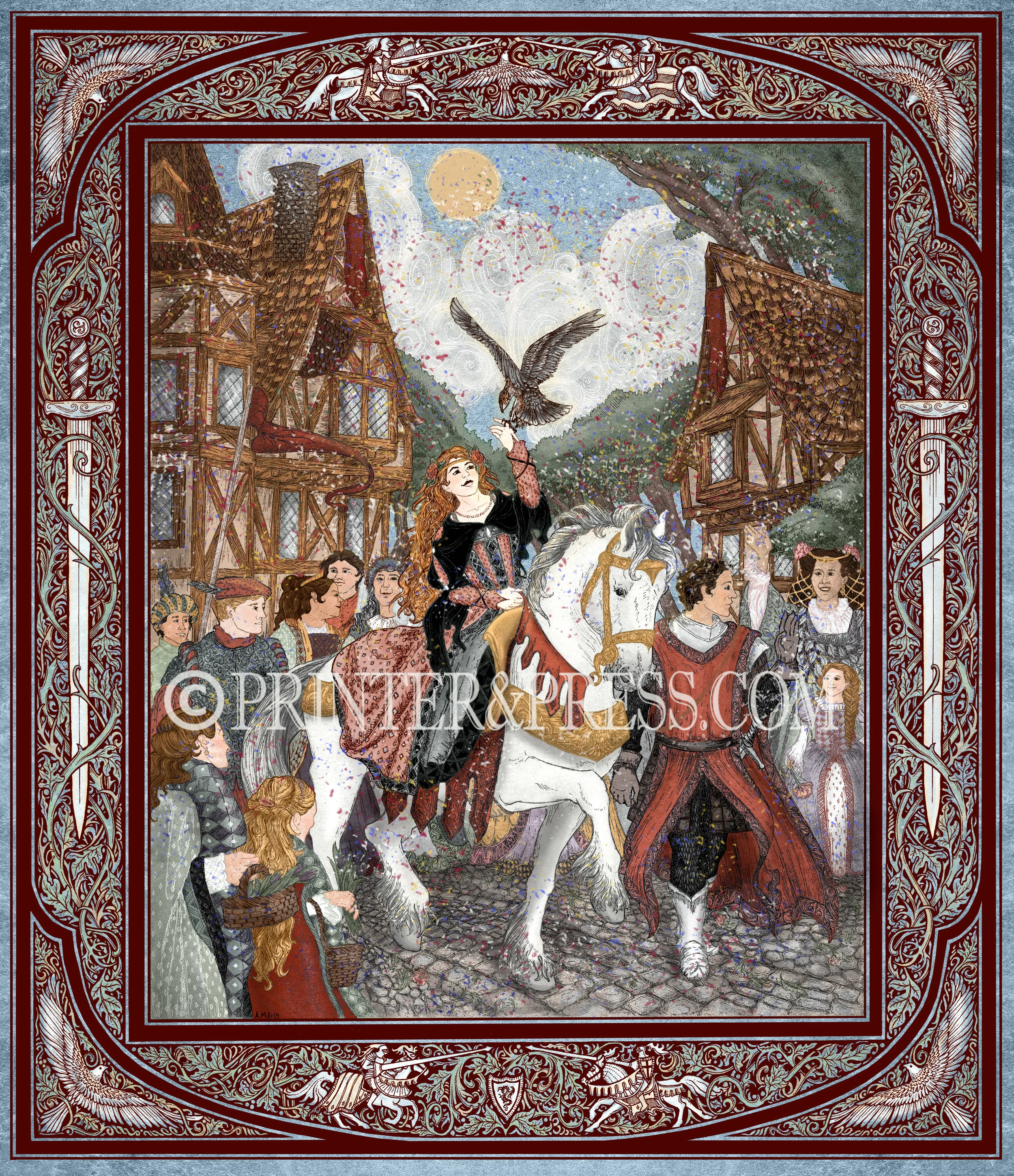 After visiting the Cloisters in New York City, I became even more inspired by medieval art. At the gift shop, I purchased Chretien de Troyes’ thirteenth century “Arthurian Romances” book, a collection of four romances including Erec and Enide. First made as an etching print, it has been scanned and digitally colored to create this colorful version. The brave knight Erec leads his beautiful lady Enide on a dazzling white horse as she parades the precious sparrowhawk in the middle of all the townsfolk.