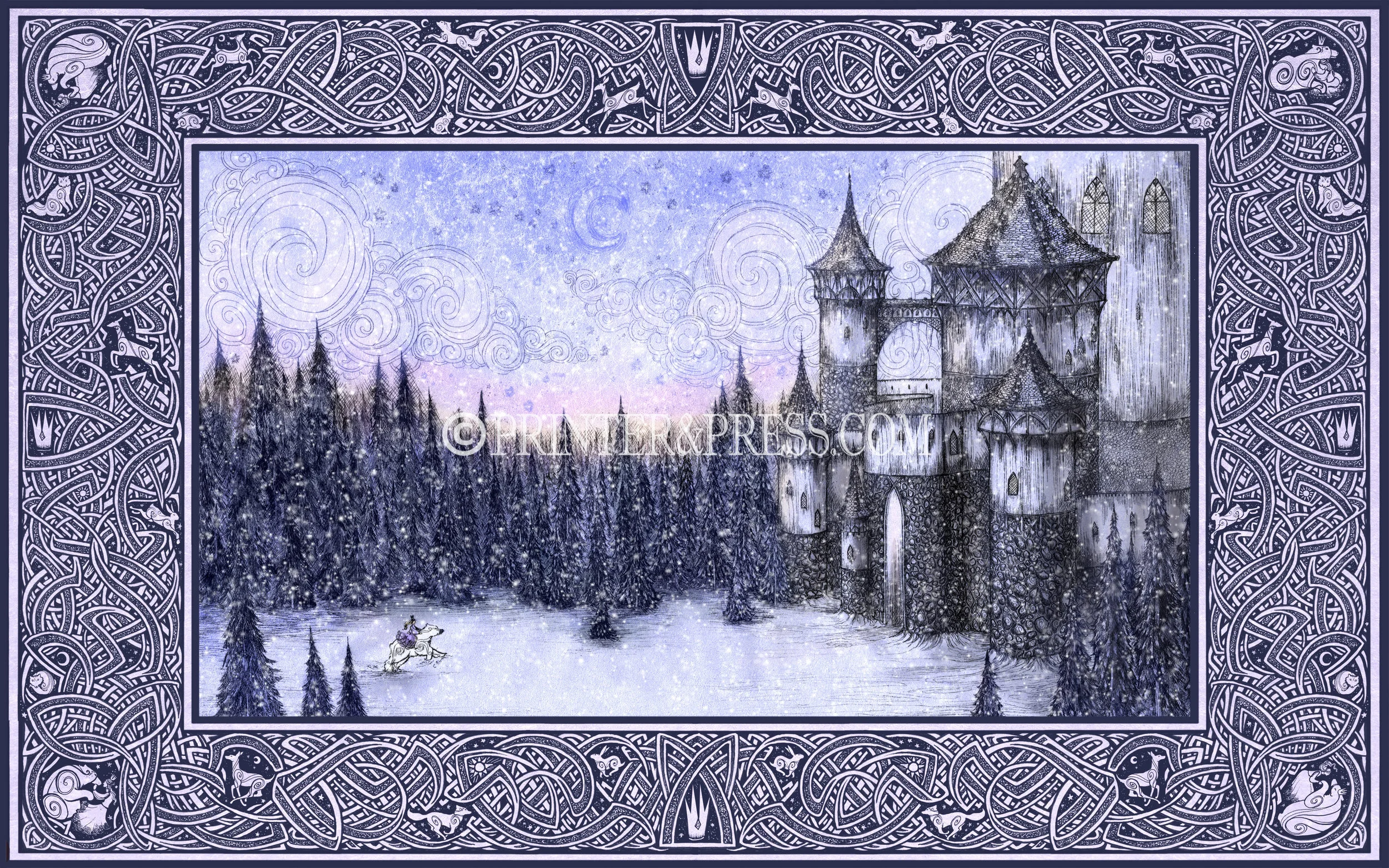 This print was made first from an etching, based on the story of the Princess and the White Bear King, with the Princess riding a great white polar bear through a dark forest towards the castle. This piece shows the castle they are heading towards and the great expanse of the forest at sunrise!