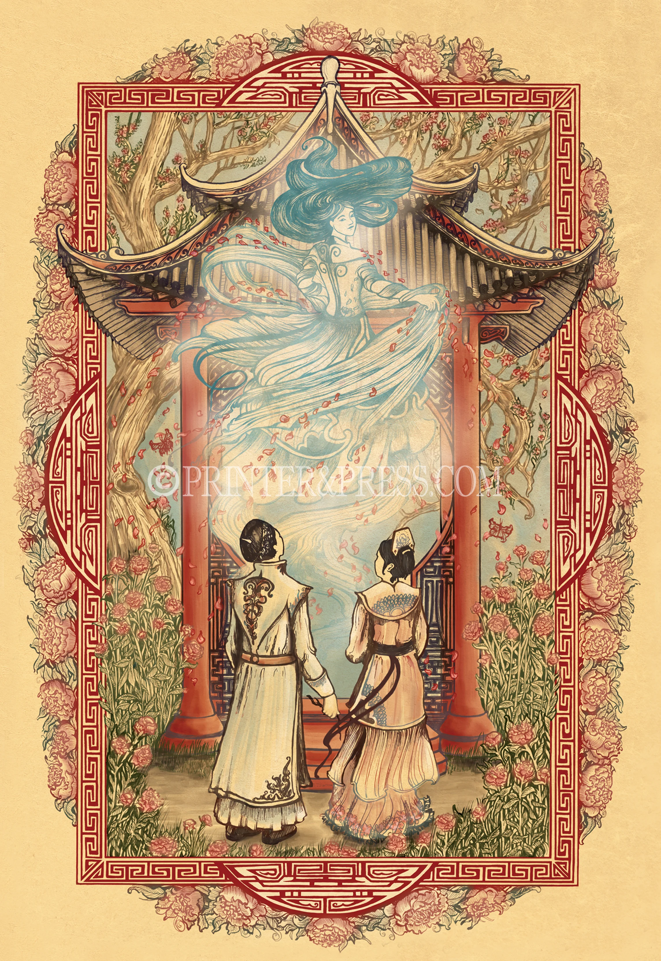 This illustration captures the most emotional moment from the novel, Peony in Love, when the ghost maiden is finally set free and blesses her former fiancé and friend. It is a tale of love and loss, desire and death. Peony in Love is an intricate original drawing which was ultimately put together using many digital layers.