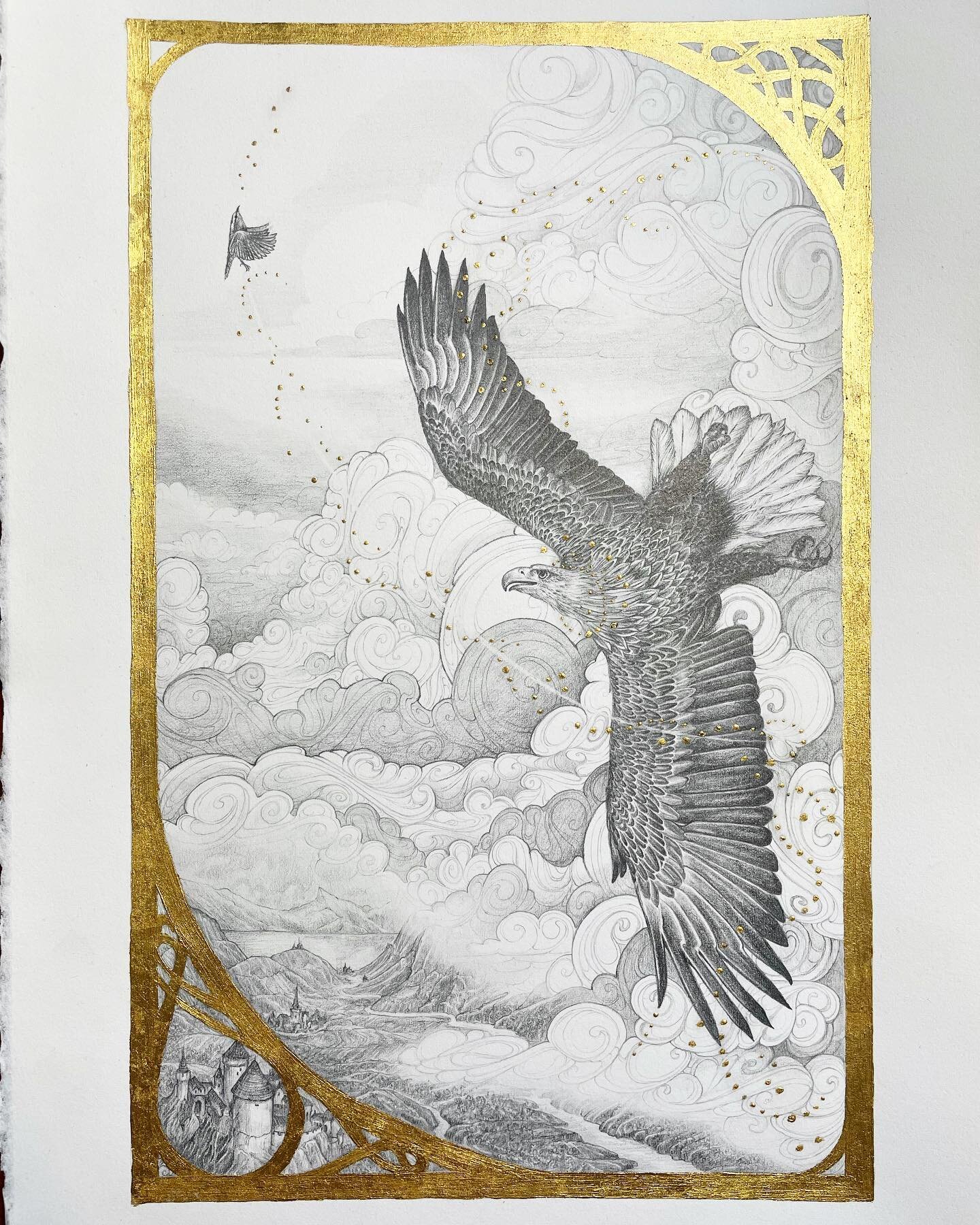 I finished my new drawing, which will be called, The King of All Birds! I wanted to give a bit more insight into my design process before I move on to showing you what I&rsquo;m doing with the frame for this original, and talking more about my gold l