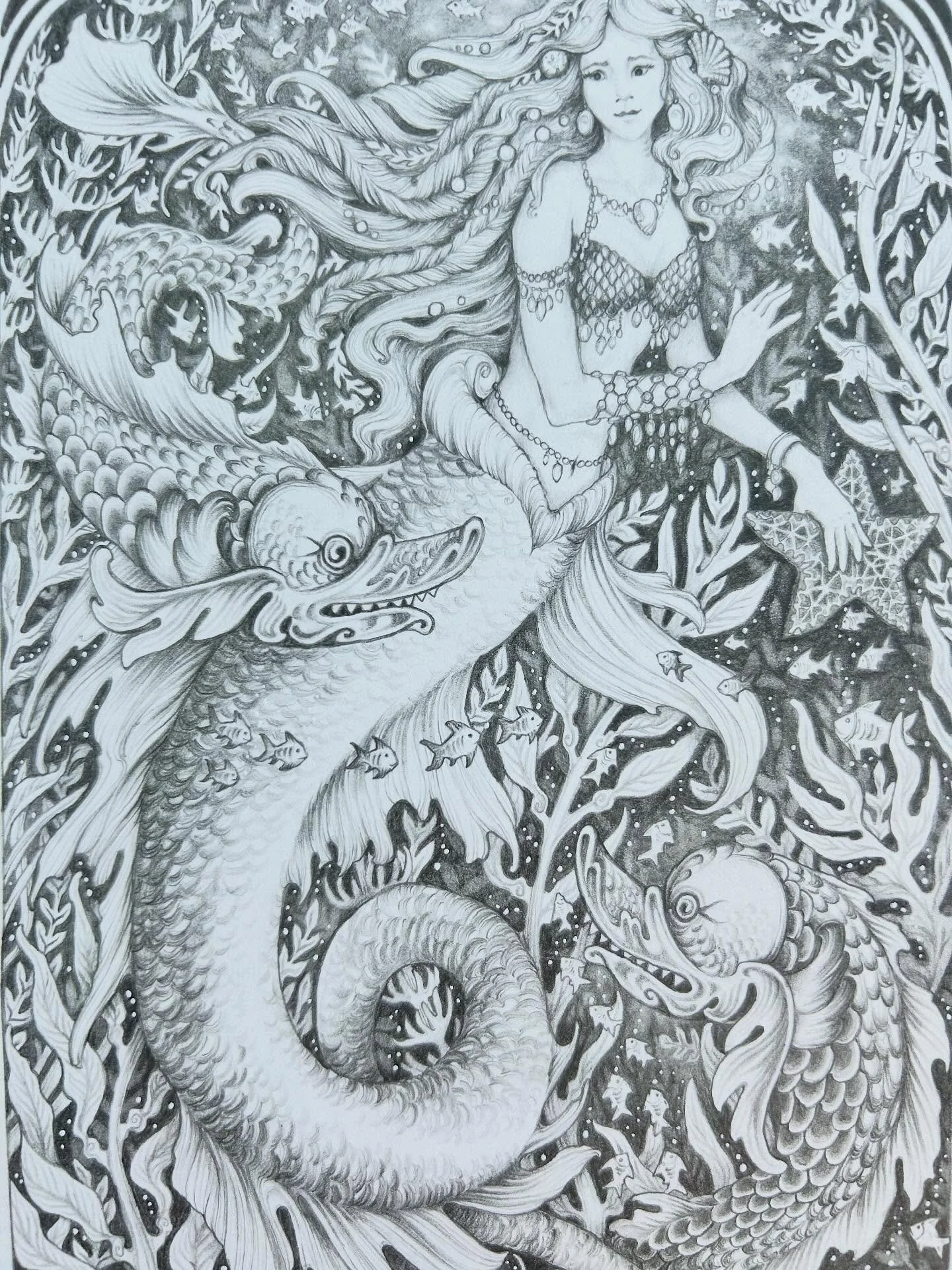 Just wanted to finally share a new drawing I have been working on for the past month and a half! I wanted to work on this drawing without sharing until it was done. I drew a similar mermaid last fall and was inspired to create a larger and more detai