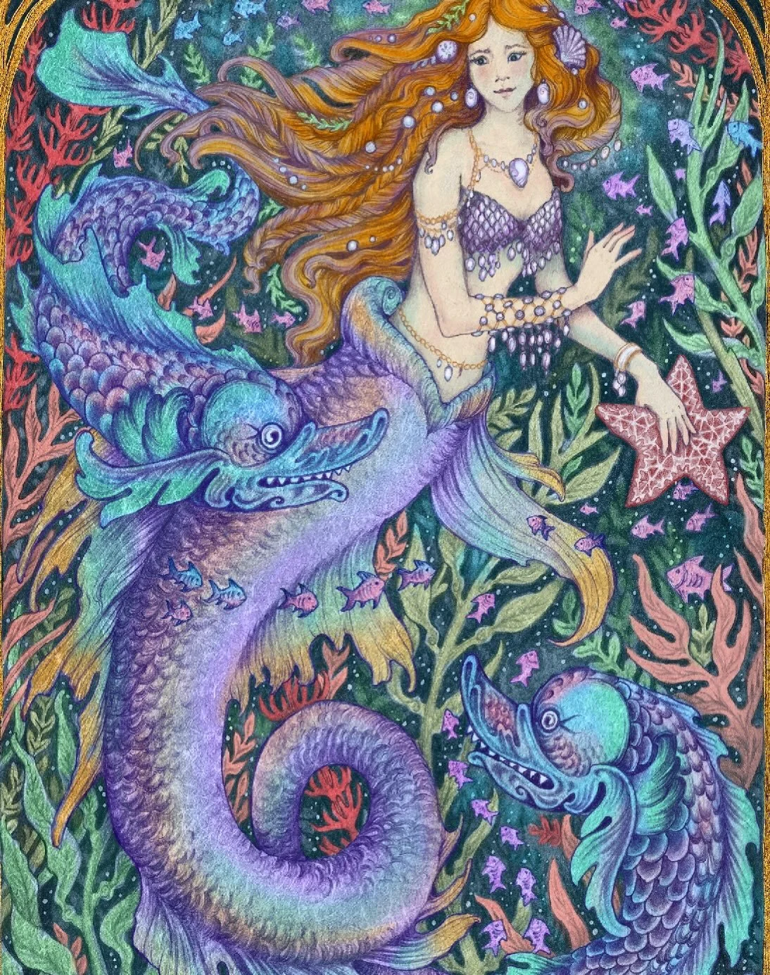 My digitally colored version of &ldquo;Mermaid Grotto&rdquo; is now available! I&rsquo;m not sure where this almost rainbow color palette came from but I just sort of ran with it and it all came together. The black and white reproduction version is a