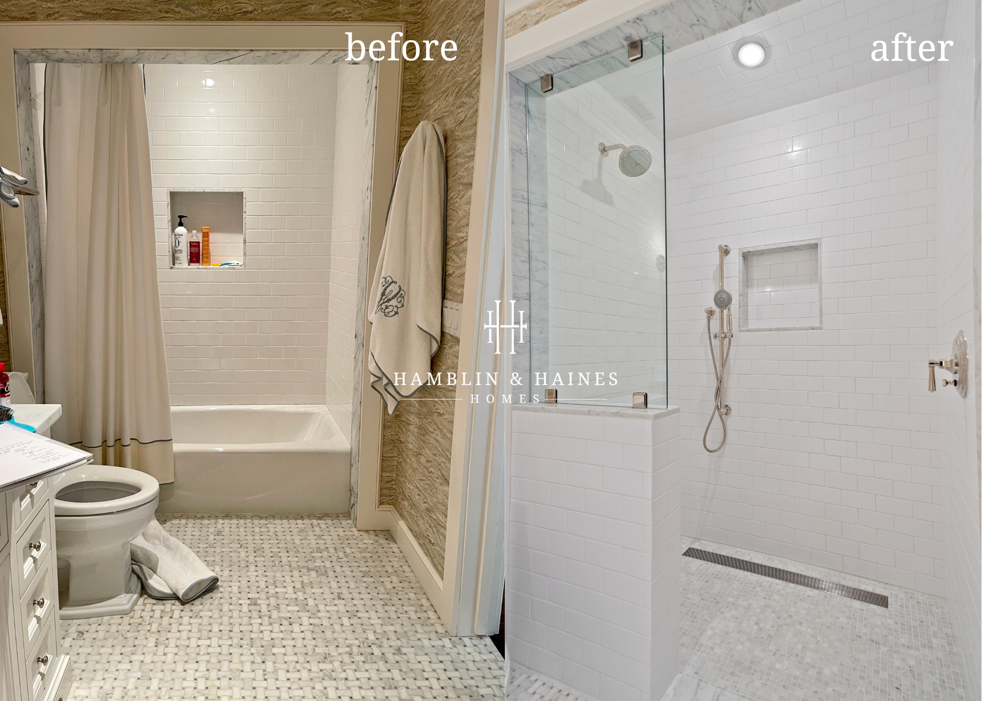 Hamblin & Haines Homes aging in place bathroom remodel, before and after in Dallas, Texas