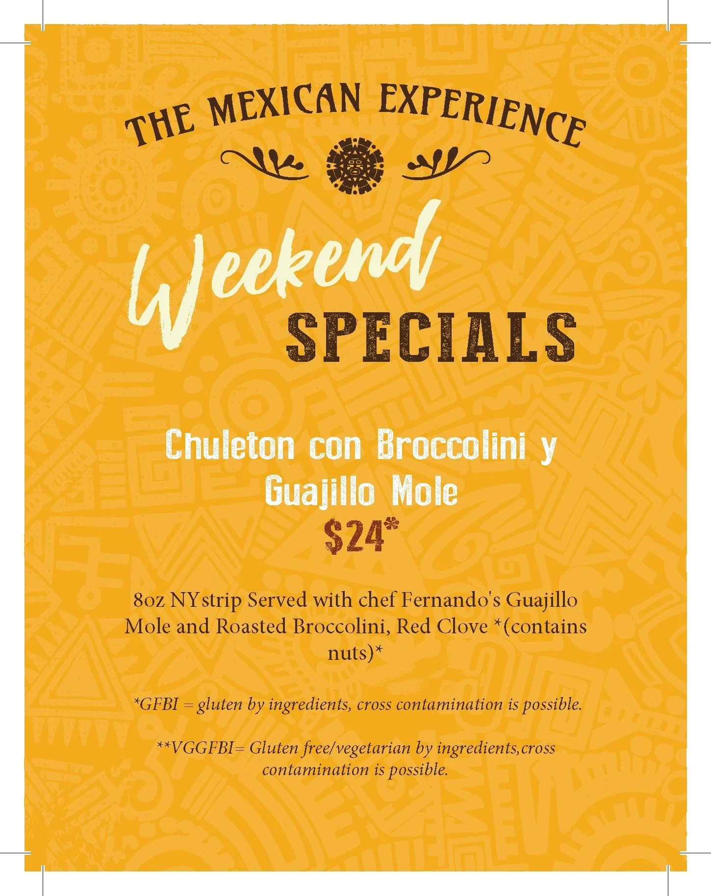 Another DELICIOUS weekend special from Chef Fernando!

Enjoy the Chuleton con Broccolini y Guajillo Mole

8oz NYstrip Served with chef Fernando's Guajillo Mole and Roasted Broccolini, Red Clove *(contains nuts)*

#weekendspecials #MexicanCuisine #mys