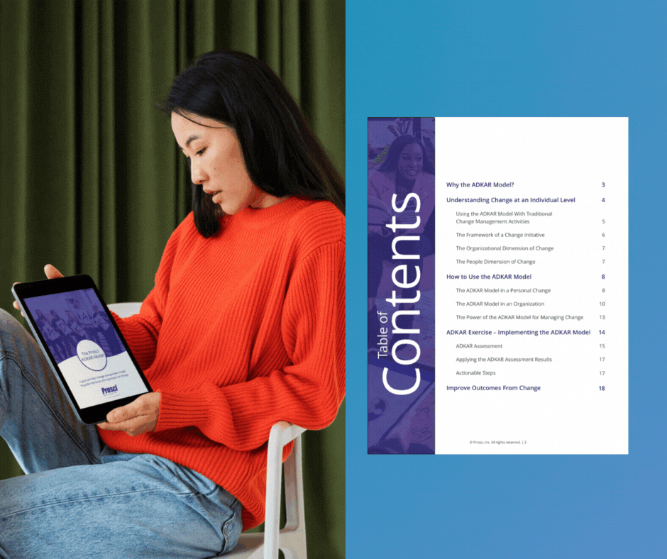 Asian woman with dark brown hair, wearing an orange sweater is holding an ipad. The ipad showcases Prosci's ADKAR Model ebook