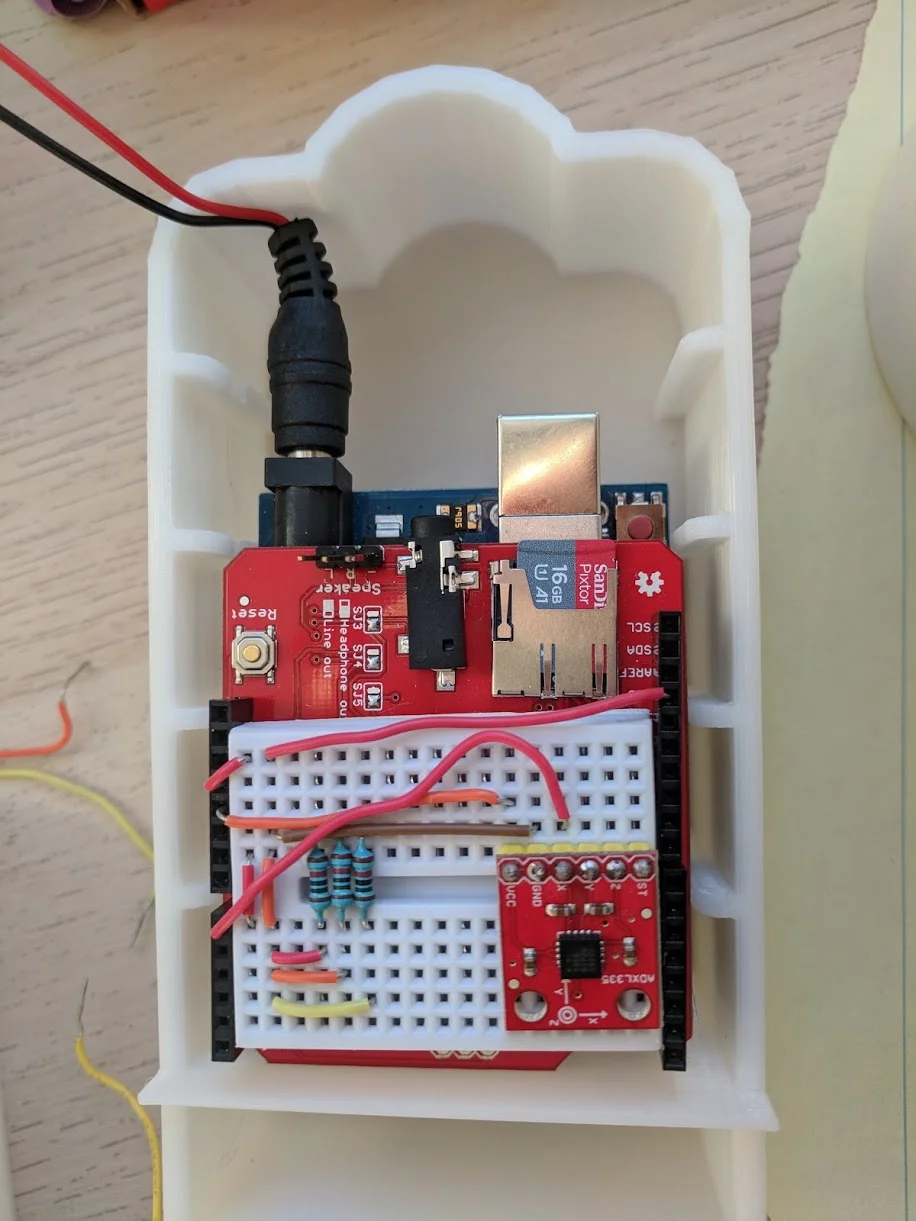 In the last iteration of hardware, we tested with RFDuino on a special board with an accelerometer. We were able to get data logging, music playing, and use movement to control our interactions. This prototype, however, was incredibly unstable. We opted for a web solution after this prototype.