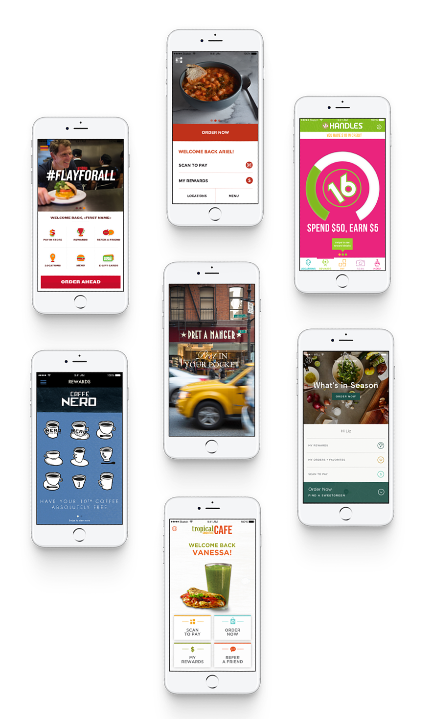 Examples of UIs and features including a dynamic “homescreen” navigation I designed for clients like: Bobby Flay’s Bobby’s Burger Palace, Caffe Nero, and Sweetgreen