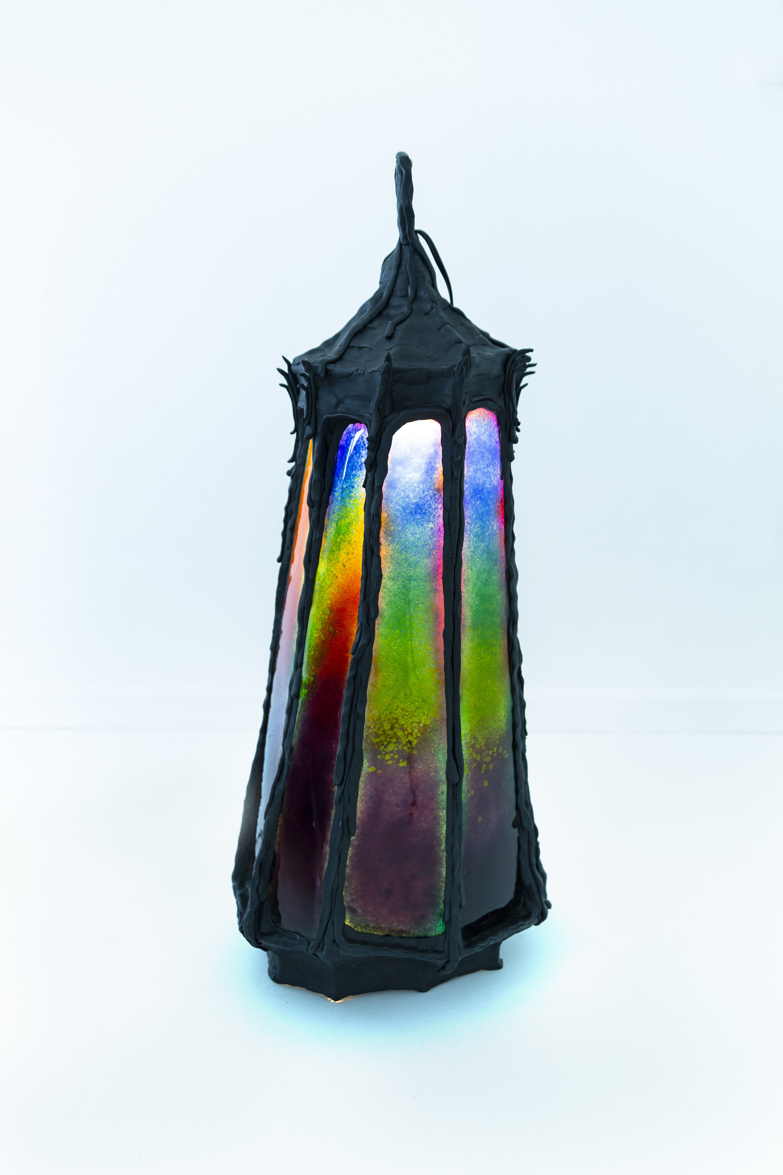  Dani Tull  Lantern 2, 2019  Mixed materials and fused-glass  31” x 17 x 17” 