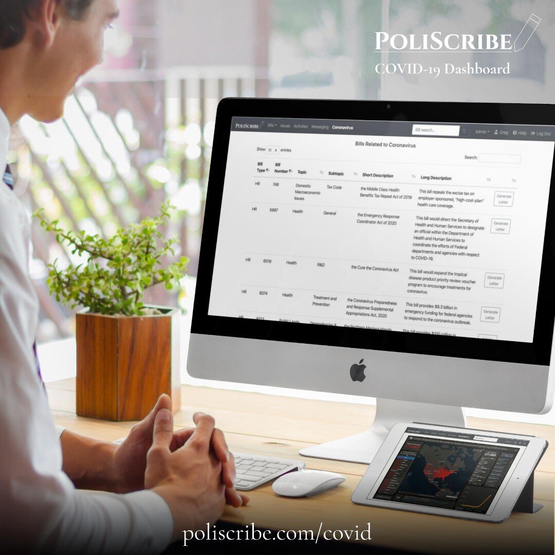 https://poliscribe.com/covid
We appreciate the hard work of our legislators and their staff as we navigate this unprecedented crisis. We hope this free dashboard makes it easier to track developments in Congress and your district. Included are tools 