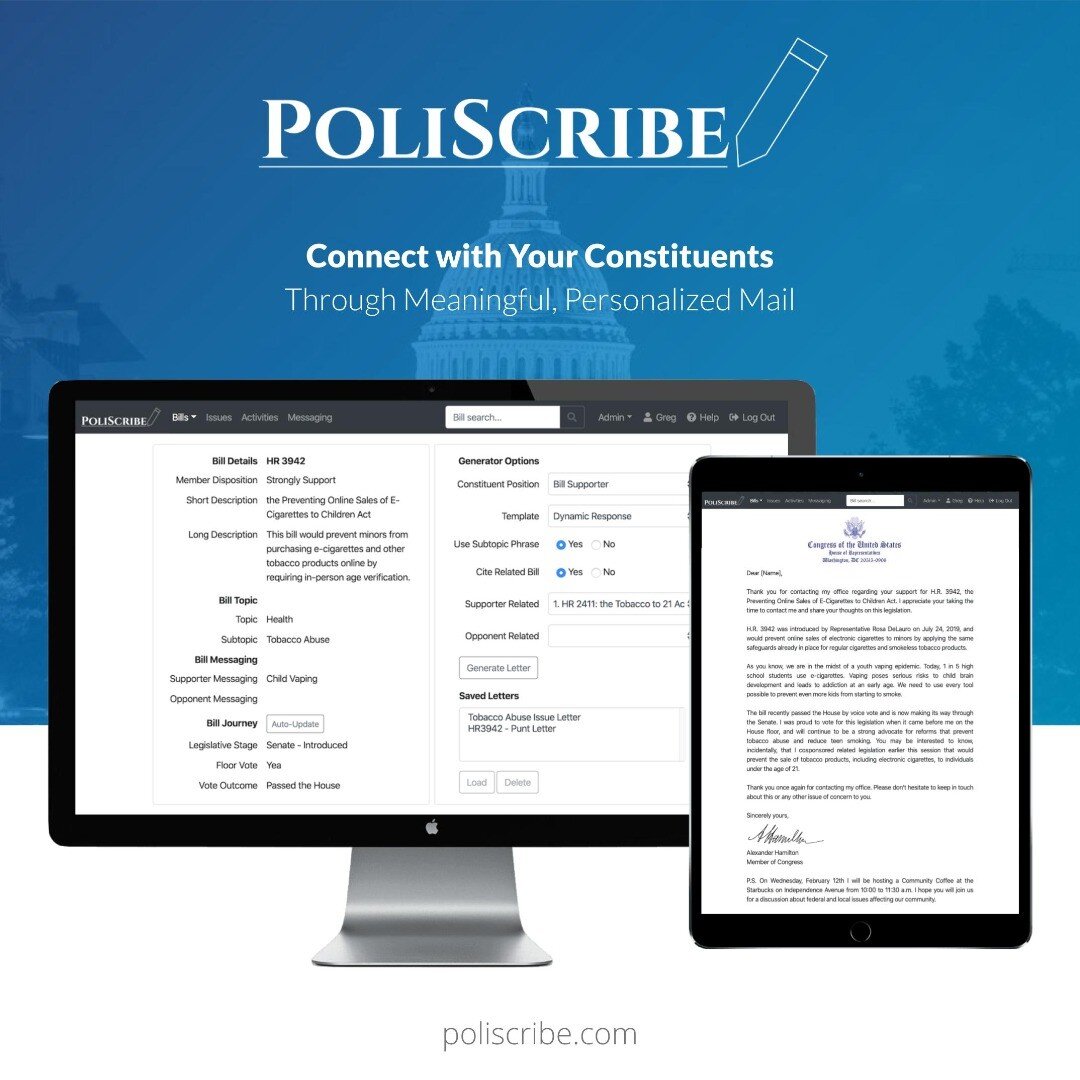 We are excited to help elected officials connect with their constituents and build trust in government. Whether answering phone calls, responding to constituent mail, or generating proactive/outbound mailers, staff use PoliScribe to research legislat