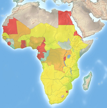 Yellow: Native, Orange: Possibly Extinct, Red: Extinct (Source IUCN Red List)