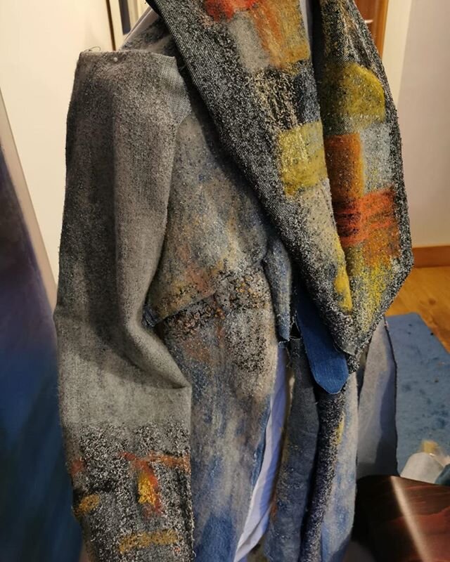 Work in Progress- shaping up - the coat for Foraged Colour project, funded by Arts Council England. Natural dyes, British wool, recycled denim base. Working collaboratively with Linda Row - Coat design by Linda Row.Textile designed and produced by Gi