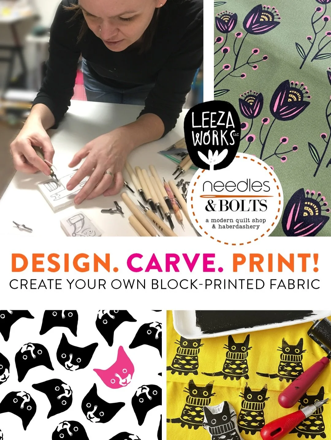 Are you free this weekend? Join me for a &lsquo;design and block print your own fabric&rsquo; class in Philly at @needlesandbolts 

Day 1: design a motif, carve a link block then test print
Day 2: take it to the next level-add multiple motifs, learn 