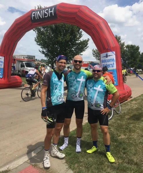 Michael with buddies Josh and Brian in Davenport, Iowa (July 2018). Conclusion of RAGBRAI XLVI.