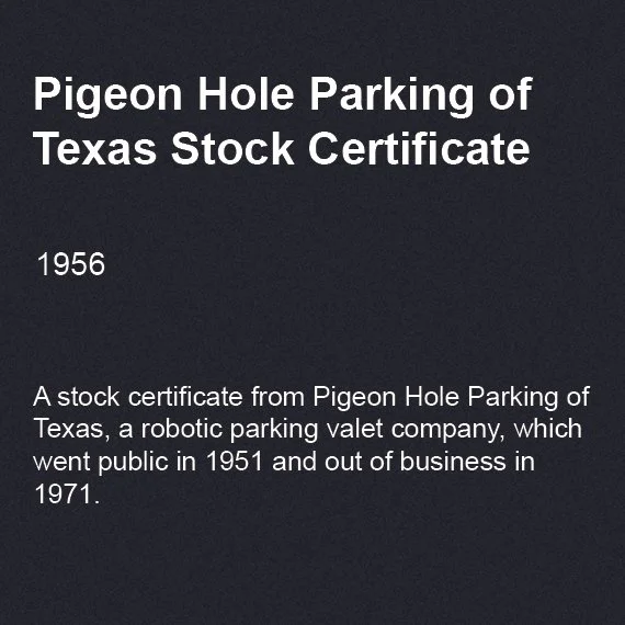 Pigeon Hole Parking of Texas Stock Certificate, 1956