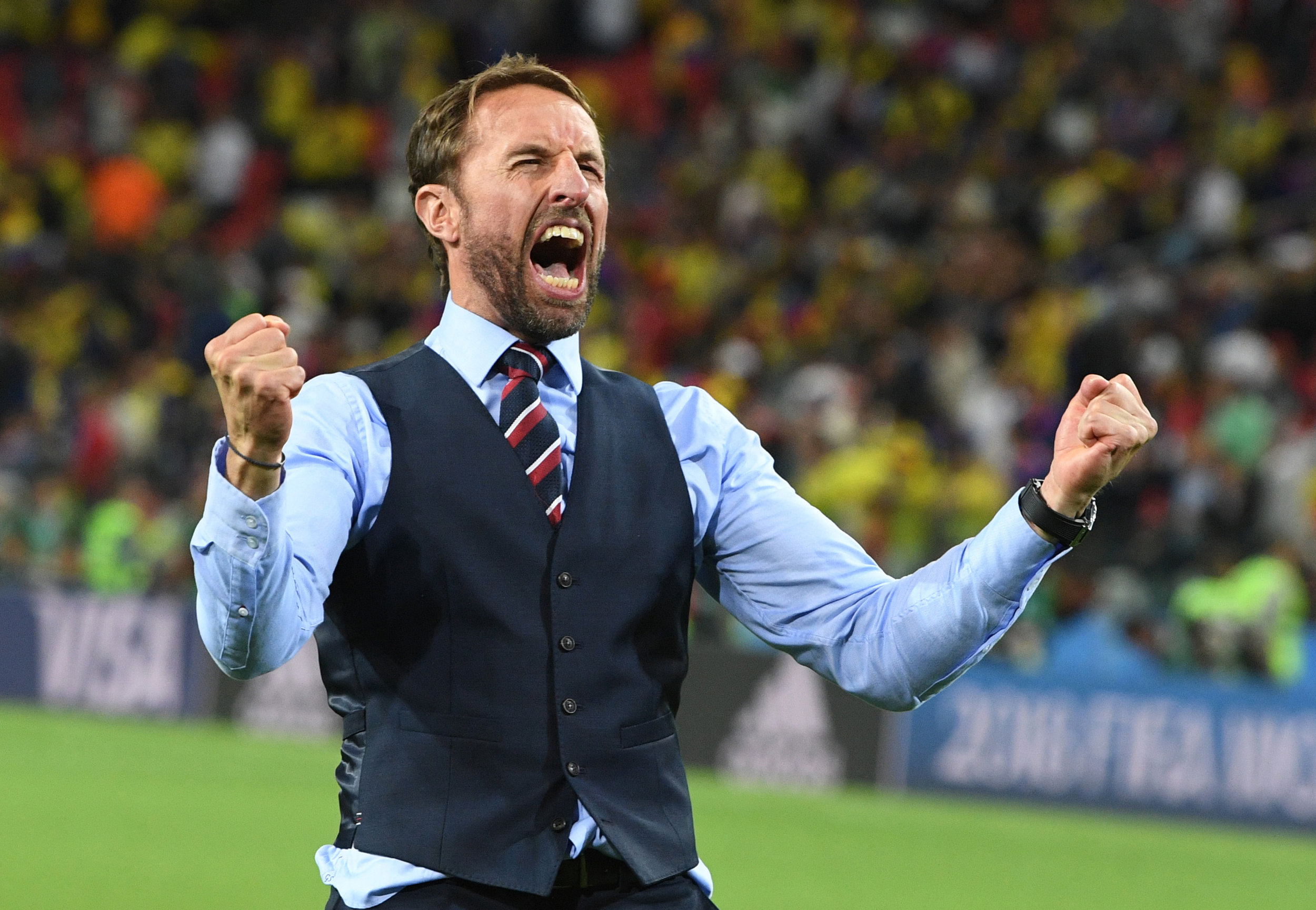  England's manager Gareth Southgate reacts after winning the penalty shootout during the FIFA World Cup 2018 round of 16 football match between Colombia and England in Moscow.
Photo by Facundo Arrizabalaga, 04 July 2018
 