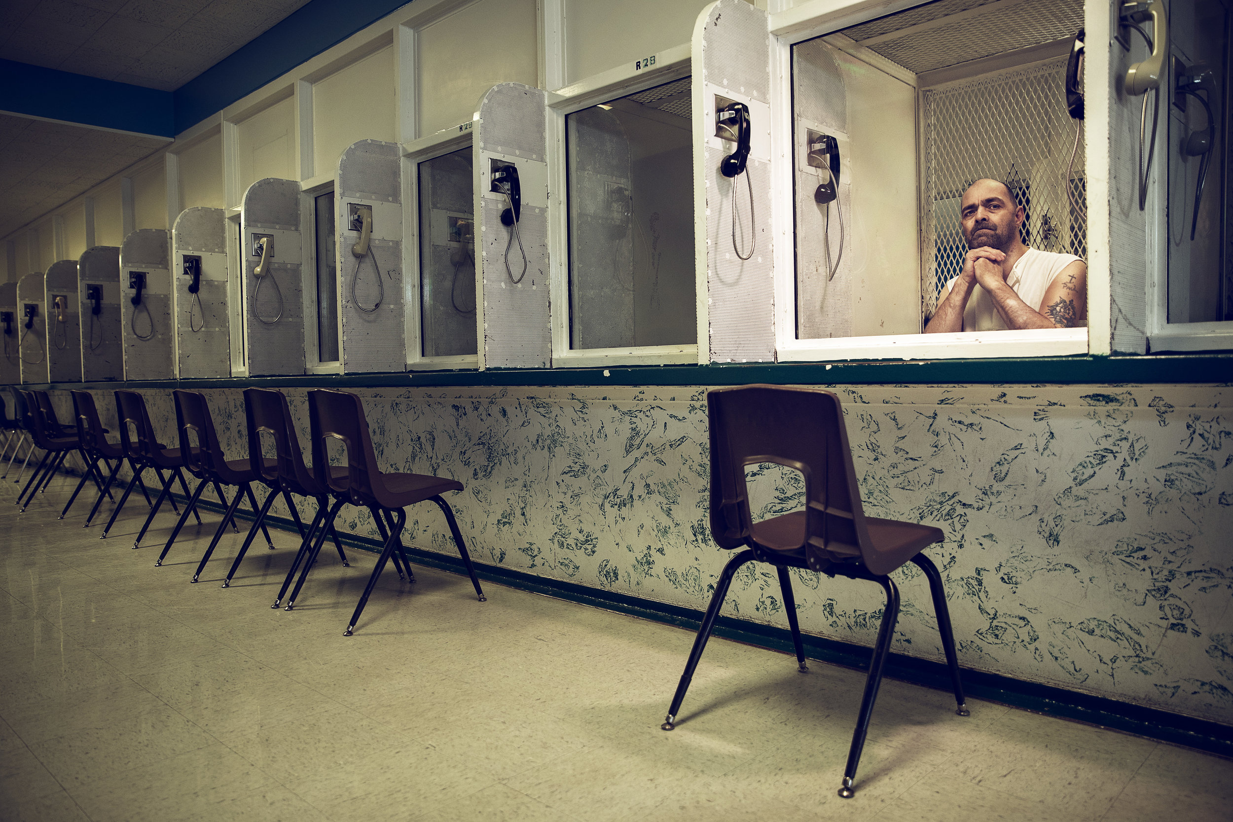  Paul Devoe sits on death row, awaiting execution at the Allan B Polunsky Unit in Texas, having shot dead six people in 2007.
Photo by James Breeden, 14 March 2018
 