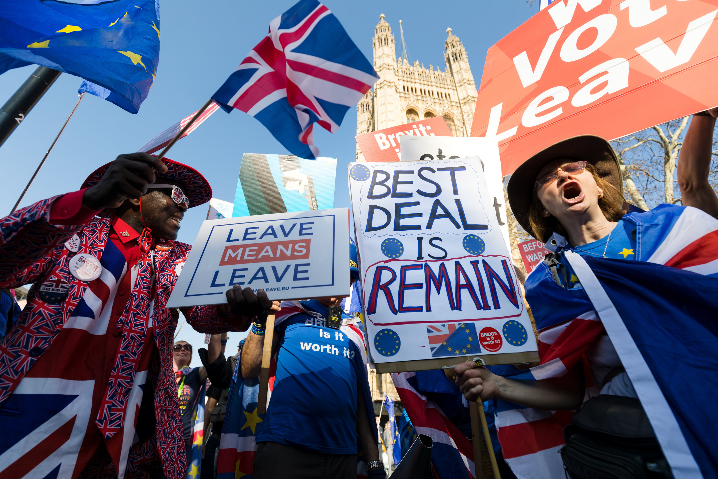  Brexit and anti-Brexit protesters outside the Houses of Parliament in Westminster as MP's debate and preparing to vote on Theresa May's revised Brexit strategy.
Photo by Vickie Flores, 27 February 2019
 