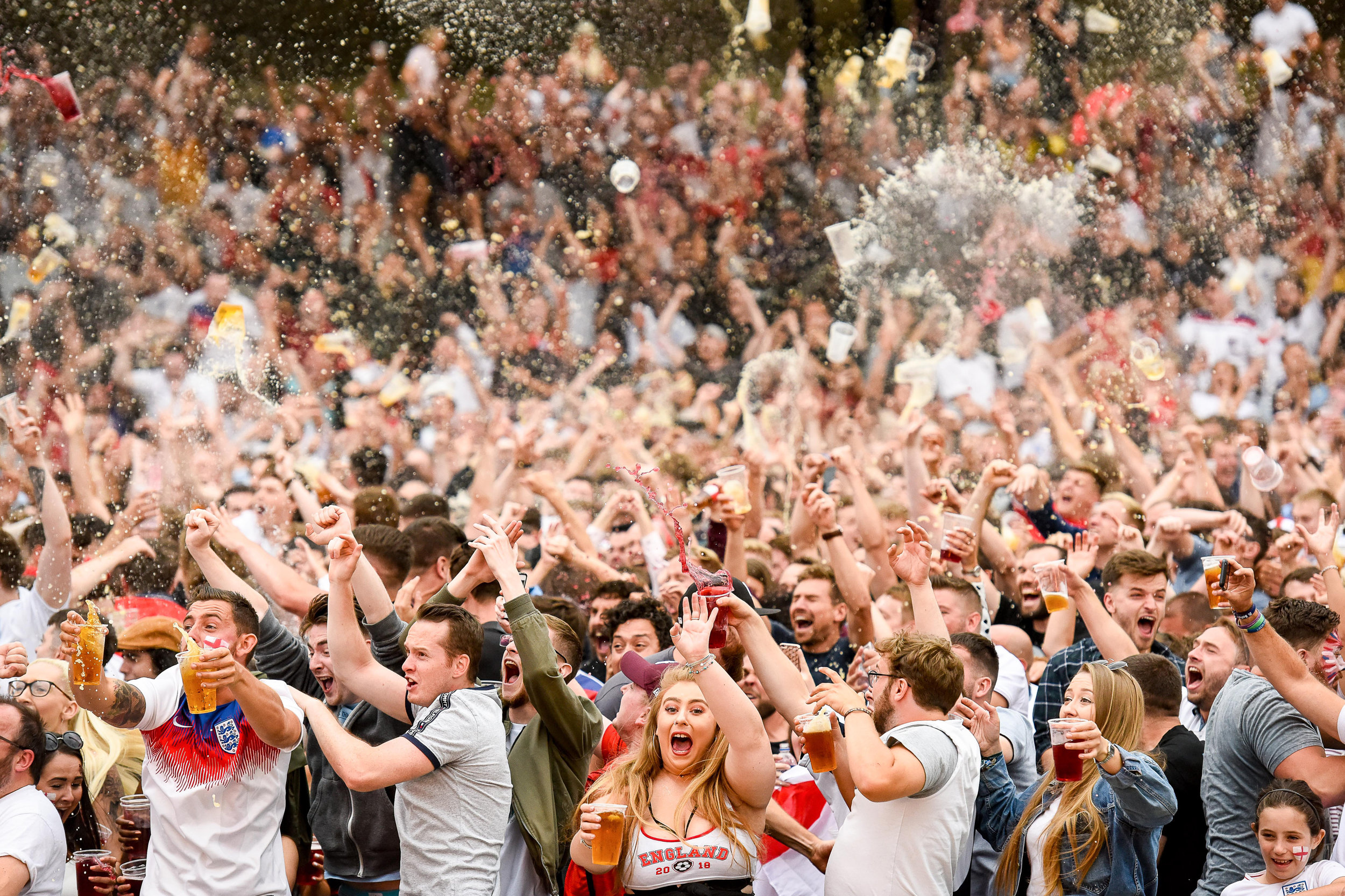  Eight thousand fans at the Castlefield Bowl in Manchester city centre react to Kieran Trippier's goal for England during their World Cup semi final against Croatia.
Photo by Jacob King, 11 July 2018
 