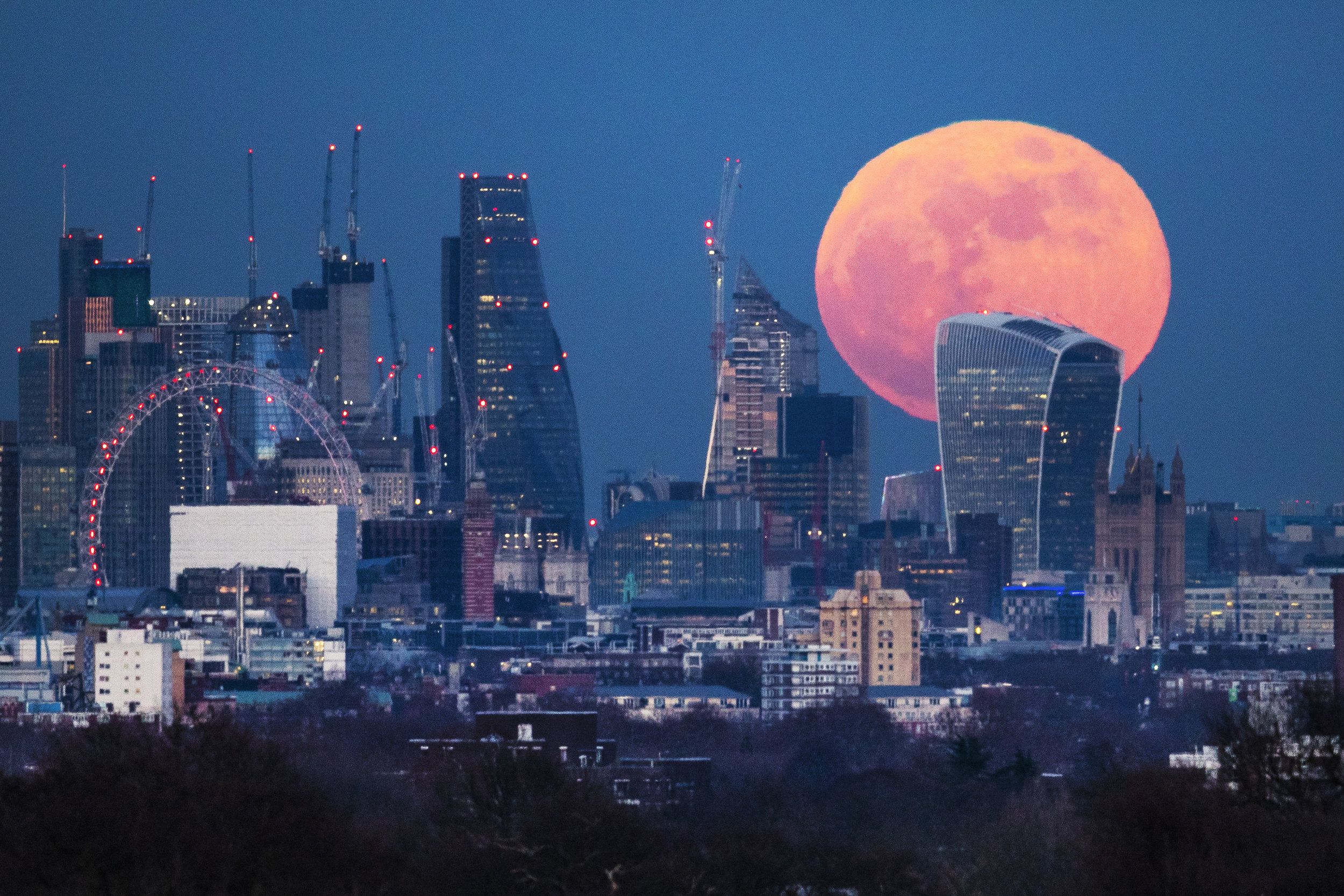  A full blue super moon rises behind 20 Fenchurch Street, known as the Walkie-Talkie building, in central London. Two full moons in the same calendar month are also know as a blue moon. 
Photo by Peter Macdiarmid, 31 January 2018
 