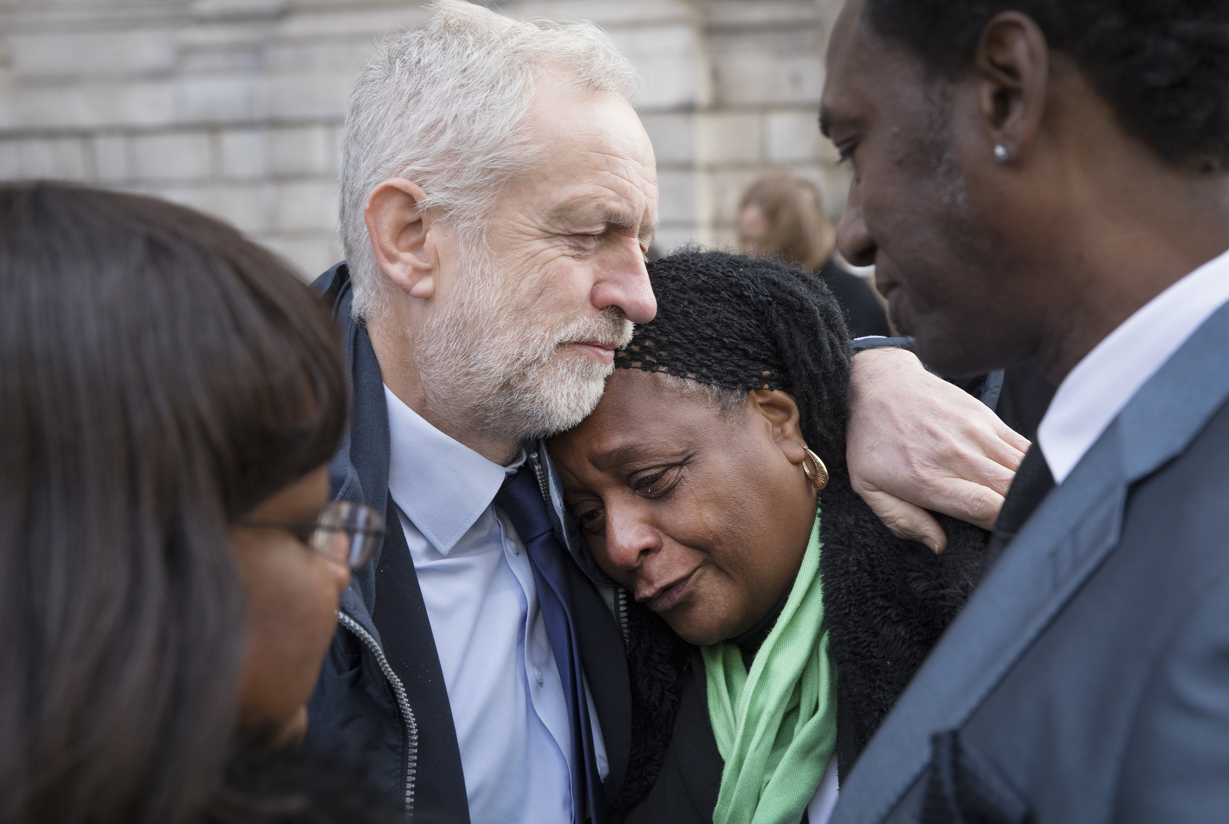  Labour Party Leader Jeremy Corbyn MP consoles Nyalissa Mendy after they attended St Paul's Cathedral for the Grenfell Tower National Memorial Service marking the six month anniversary of the fire. Ms Mendy is a relative of Grenfell fire victim Mary 