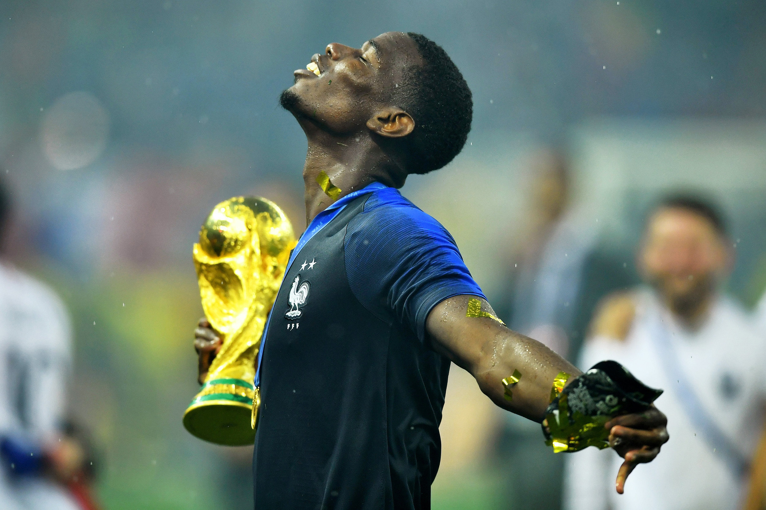  France's Paul Pogba holds the trophy as he celebrates winning the World Cup against Croatia at the Luzhniki Stadium, Moscow.
Photo by Dylan Martinez, 15 July 2018
 