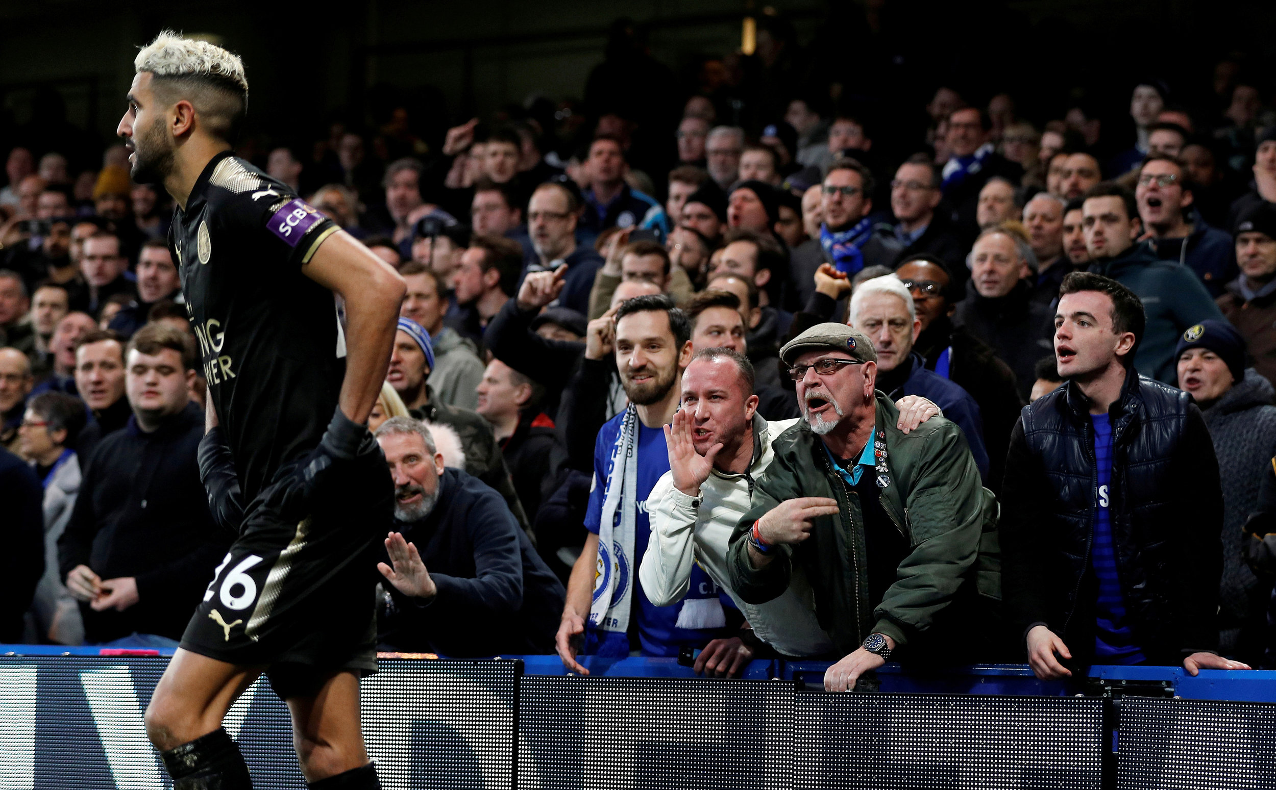  Chelsea supporters shout at Leicester City's Riyad Mahrez during the Chelsea v Leicester City match at Stamford Bridge, London.
Photo by Peter Nicholls, 13 January 2018
 