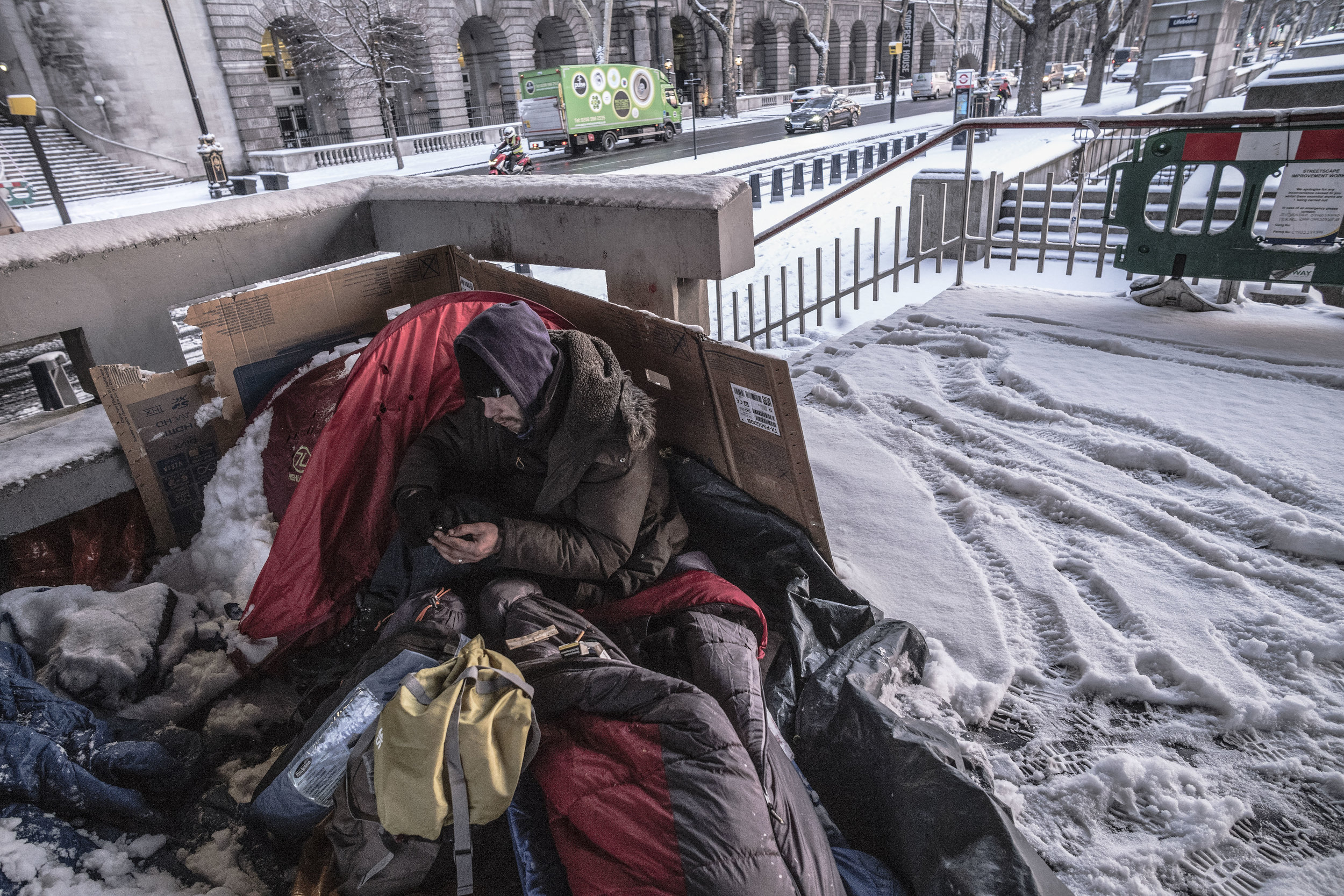  Early morning Homeless sleeping out at minus 3 centigrade on The Embankment, only half a mile from the House of Commons. 
Photo by Sean Smith, 28 February 2018
 