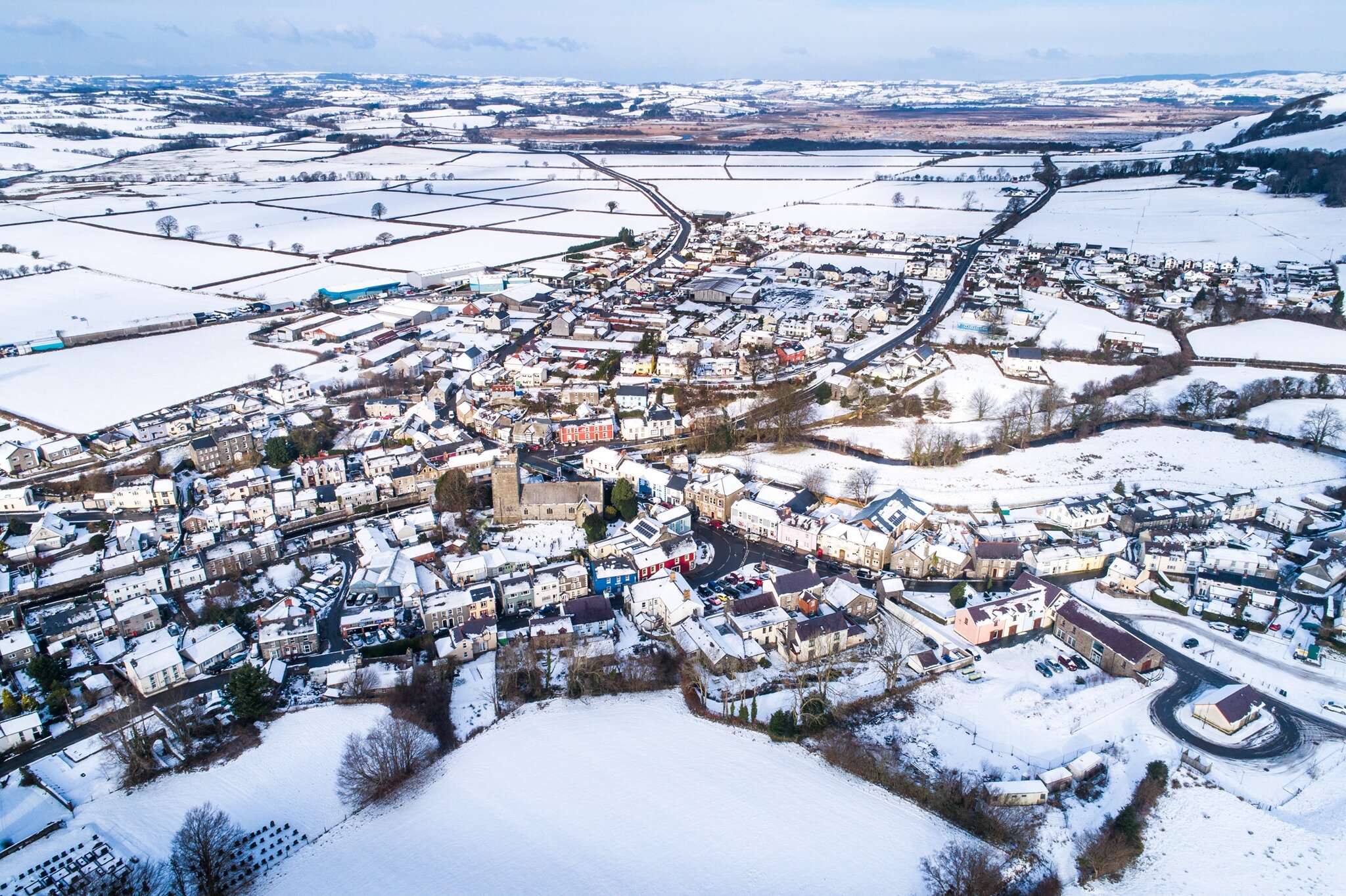 The rural village Tregaron of in Ceredigion , mid wales, under a blanket of snow