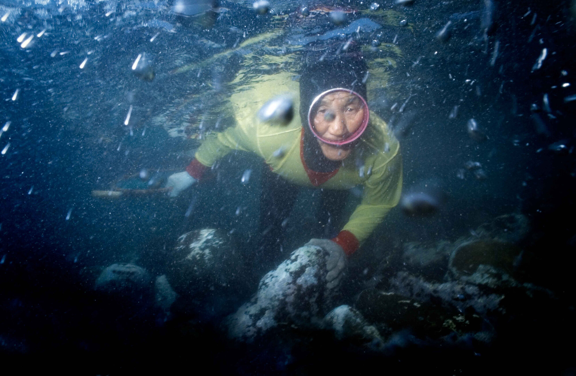  An 89 year old Haenyo (sea woman) holds her breath and searches for marine snails in Jeju, Korea. Photo: David White, 14 February 2005 