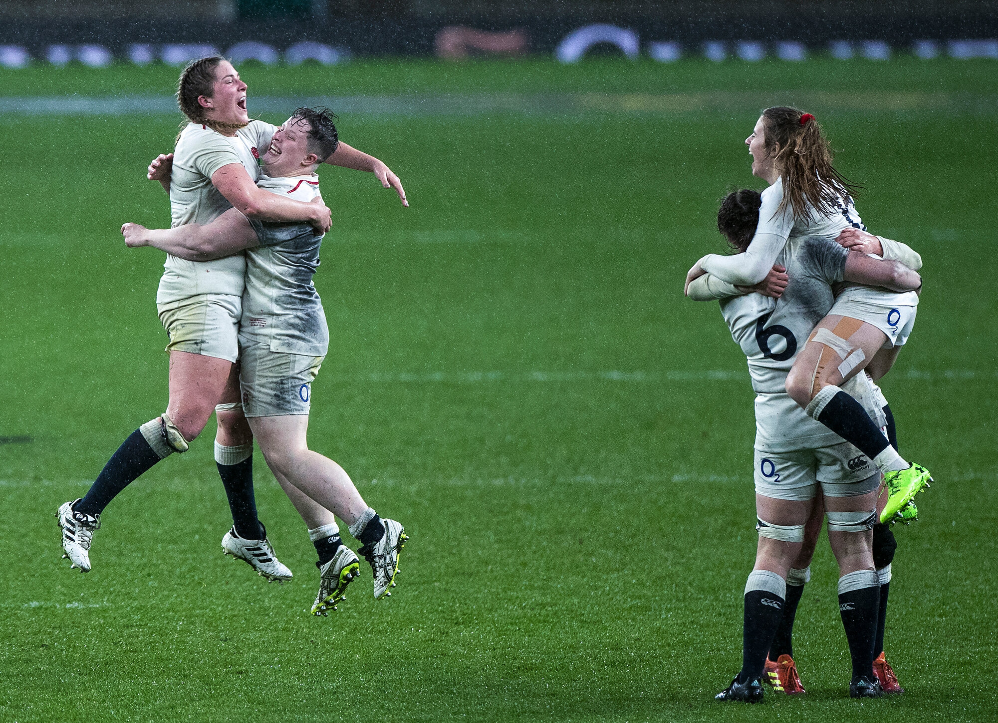  England players celebrate beating Scotland to complete their win in the Six Nations tournament at Twickenham Stadium in London. Photo: Eddie Keogh, 16 March 2019 