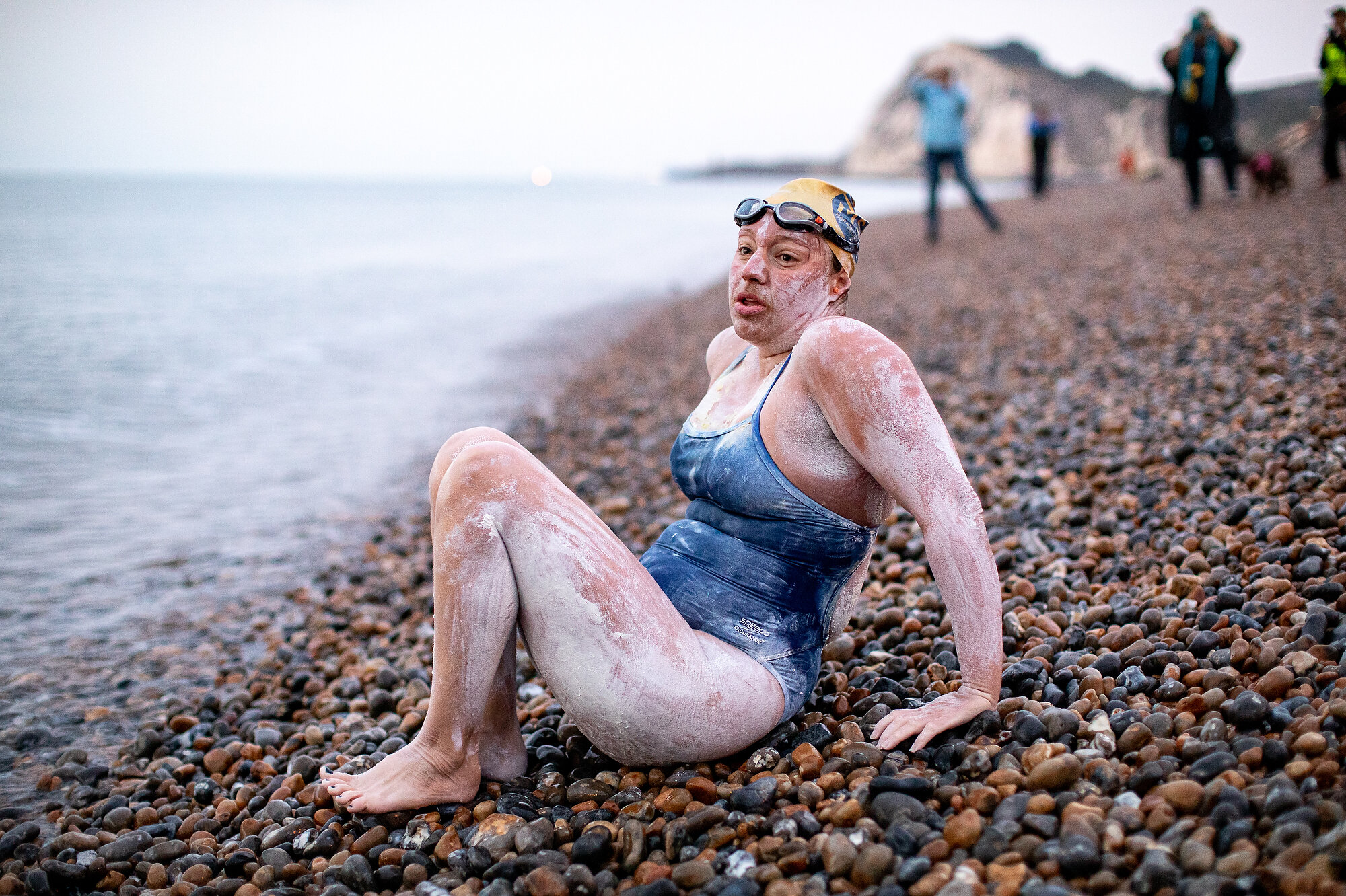 Long distance swimmer Sarah Thomas, 37, arrives at St Margaret’s Beach near Dover to become the first person to swim the English Channel four times without stopping. Photo: Tom Nicholson/The Times, 17 September 2019 