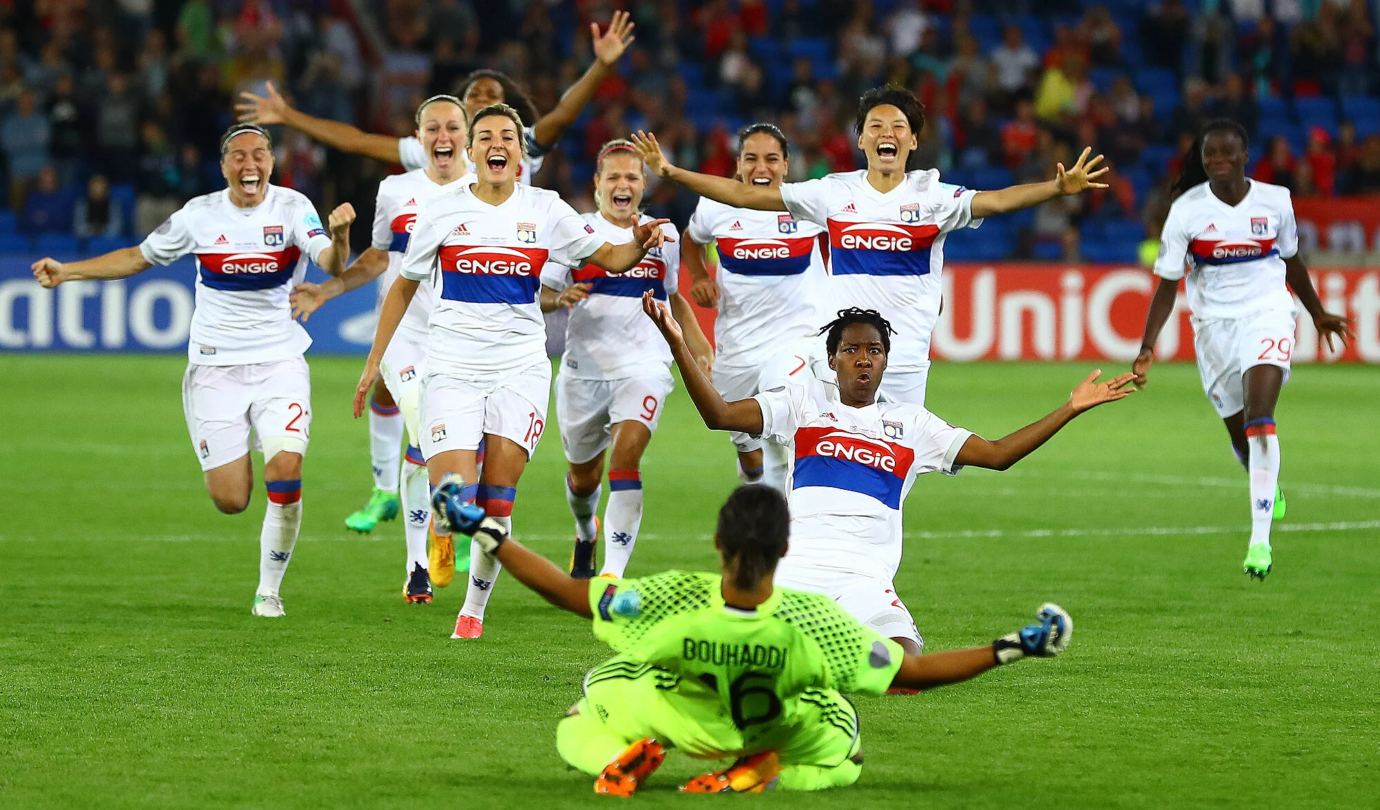  Lyon players celebrate winning the penalty shoot out against PSG to win the UEFA Women’s Champions League Final in the Cardiff City Stadium. Photo: Kieran McManus, 01 June 2017 