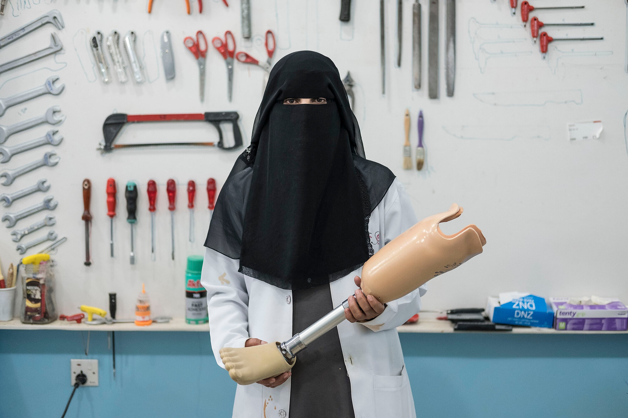  Fayda Ali Ali is a nurse trained in prosthetics working on the orthopaedic ward in a hospital in the Yemeni government held town of Marib, over 100 miles from the county's capital Sanaa which is in the hands of the Houthi rebels.  Photo: Heathcliff 