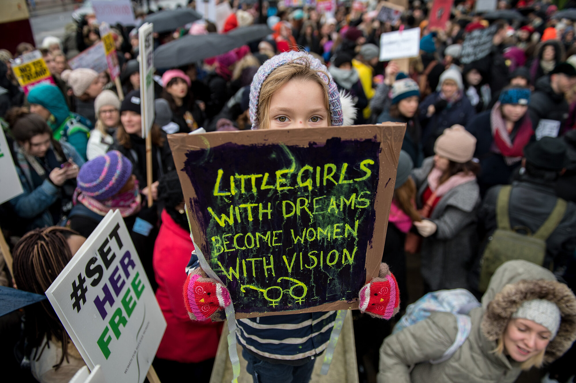  Five year old Orla Dean holds a placard during the Time’s Up rally opposite the entrance to Downing Street on the first anniversary of first Women's March in London inspired by the Time's Up movement against sexual abuse. Photo: Chris J Ratcliffe, 2