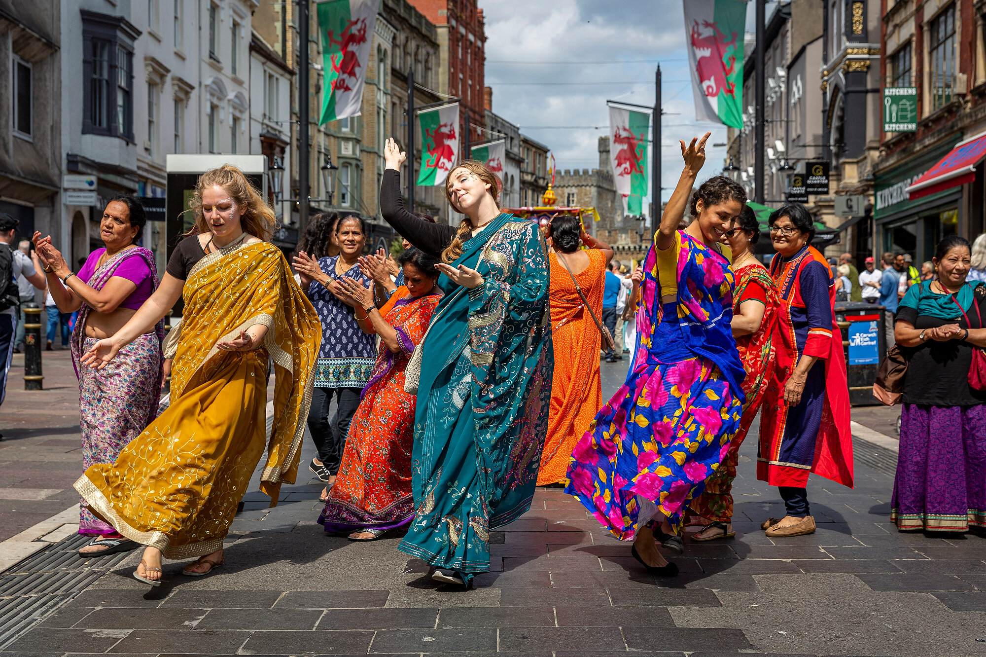  Devotees of Tŷ Krishna Cymru dance on St Mary's Street in Cardiff, celebrating Ratha Yatra, a chariot festival that originated in Jagannatha Puri on the east coast of India.  Photo: Matthew Lofthouse, 04 August 2018 