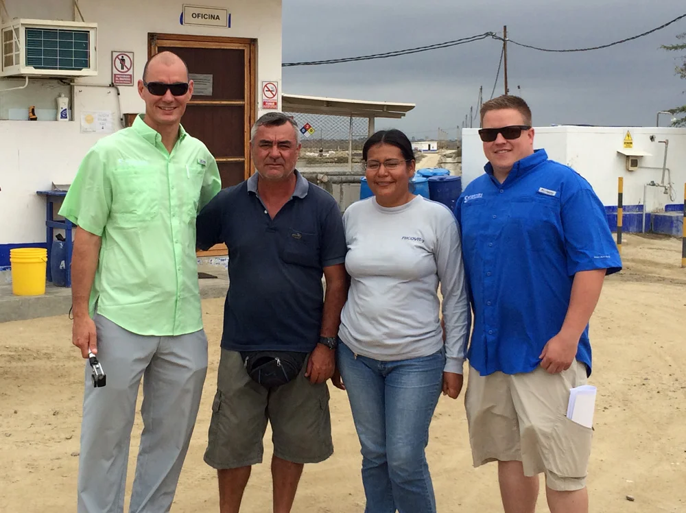 The Keeton Team in Peru meeting with a Shrimp Farm team that uses ShrimpShield.