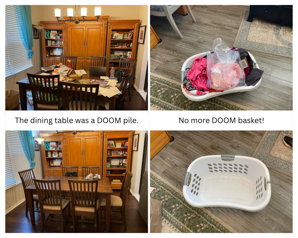 Before / after shots of a dining room table and laundry baskets, previously taken over by clutter but now dealt with