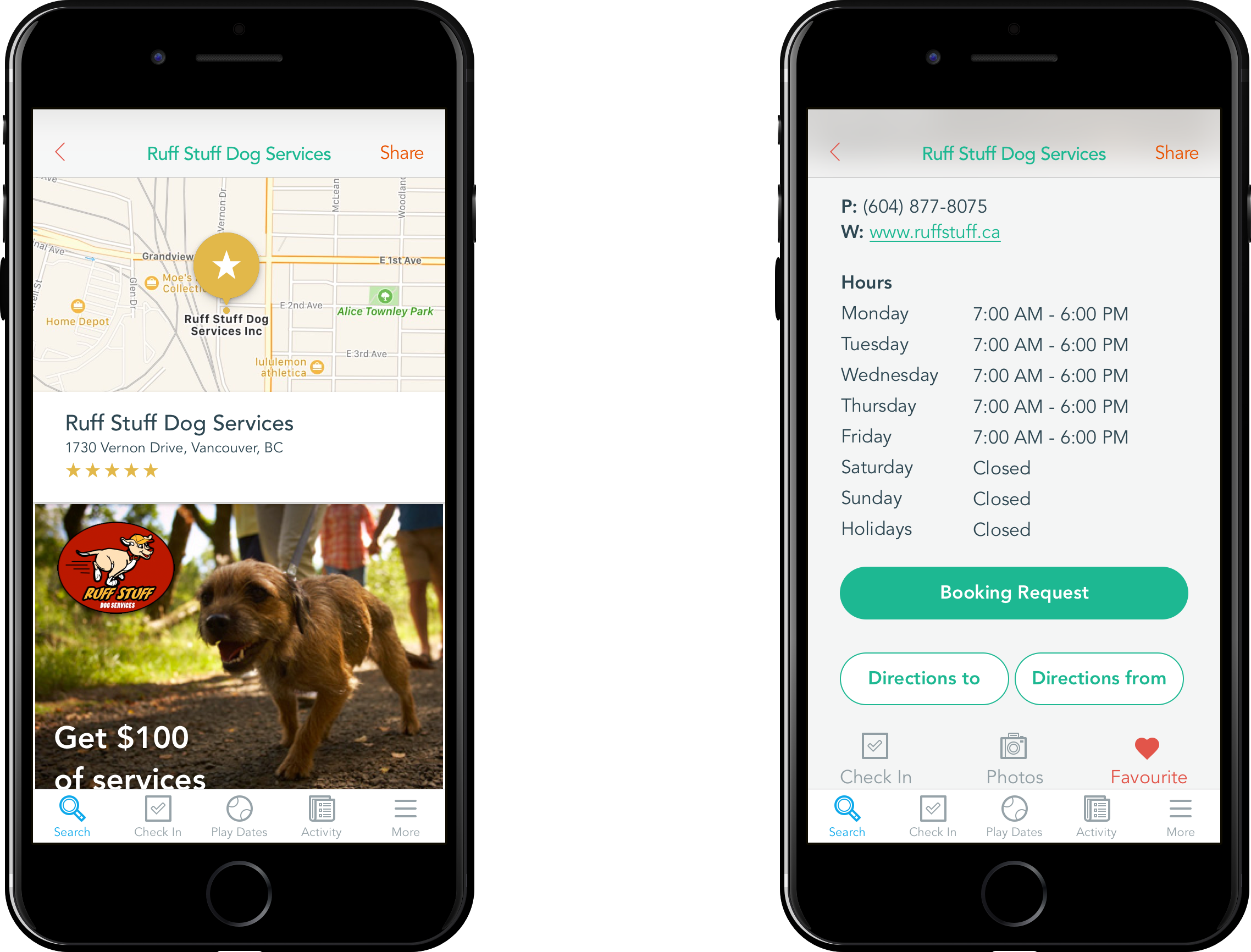 Through Pooch’s search functionality, when a user selects a park or a business they can then find the details of the establishment, like hours, pictures, phone numbers, address, and even mobile guided directions. Featured businesses can also offer direct booking requests and offer promotions right in the app. If they love the place, they can leave a review and rating so other locals can check it out as well. To save a business, a user can add them on their favorites list for easy-access. Matching people with their needs, and engaging dog-friendly businesses has never been easier.