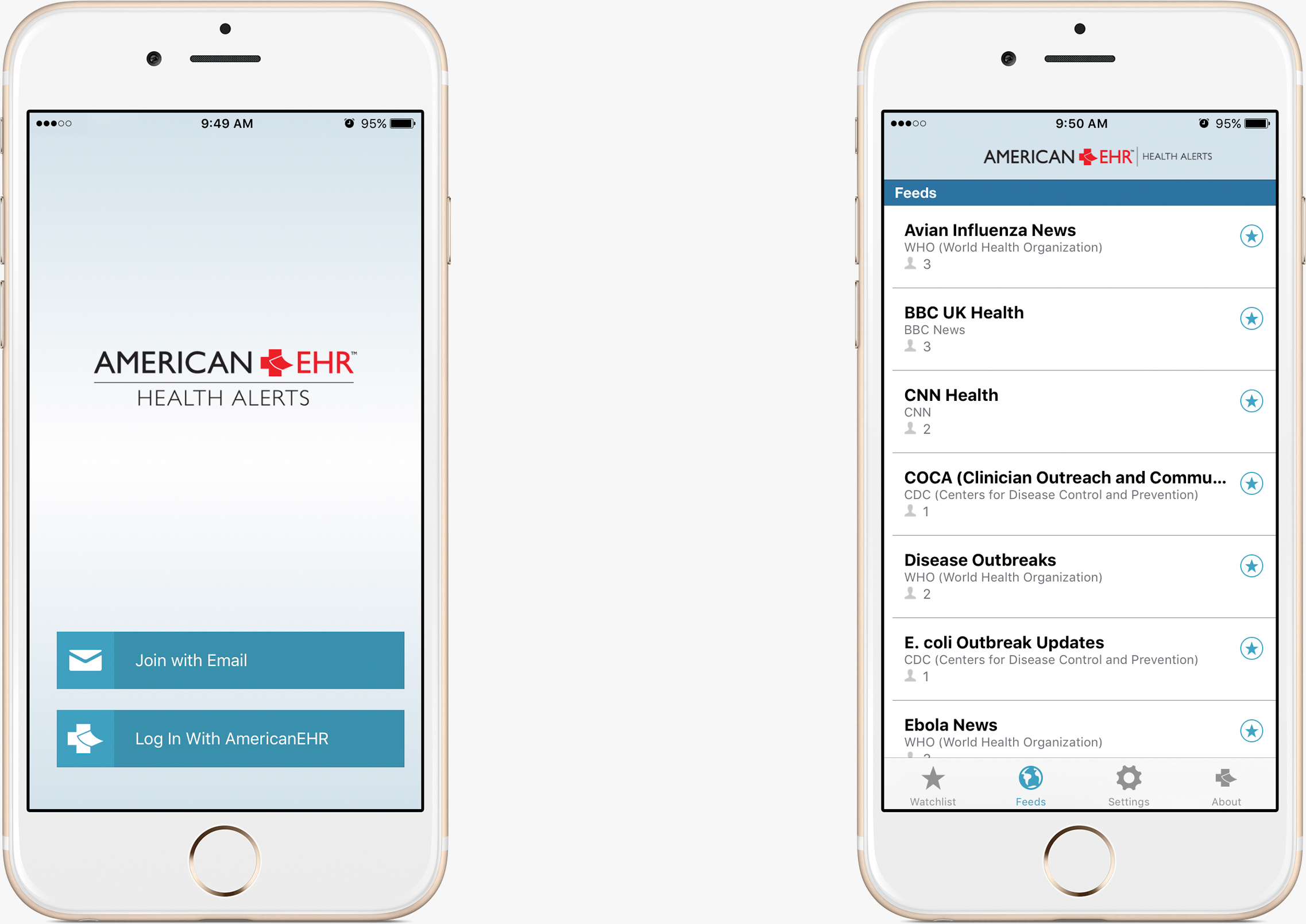 The AmericanEHR Health Alerts app is the first tool that provides real-time push notifications and updates regarding outbreaks and incidents on public health emergency topics, such as: contagious infections, diseases, natural disasters, drug recalls, travel medicine, etc. Health Alerts pulls information directly from live feeds provided by the world’s most trusted sources for public health information, including Centers for Disease Control and Prevention (CDC), World Health Organization (WHO), US Food and Drug Administration (FDA), US Department of Health and Human Services (HHS), and many more.