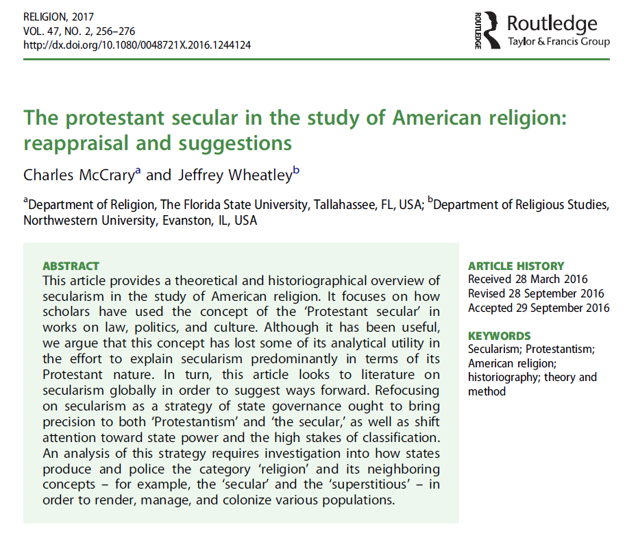 The Protestant Secular in the Study of American Religion: Reappraisal and Suggestions