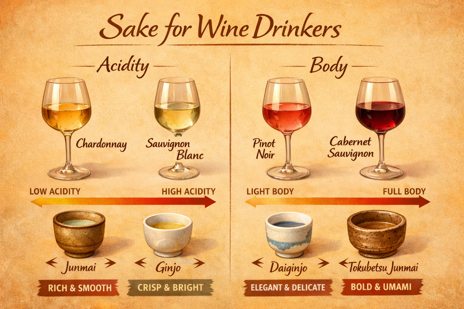 Sake for Wine Drinkers: Find a Style by Acidity, Body, and Aroma