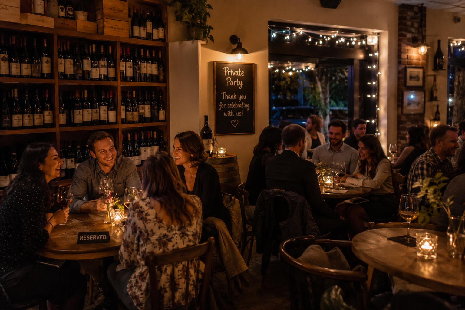 Small wine bar private party with guests enjoying wine at reserved tables in cozy atmosphere
