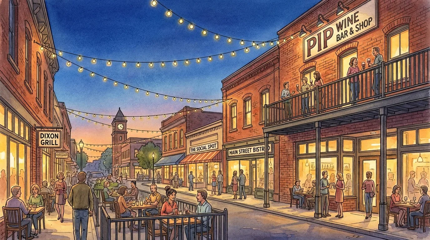 Evening view of Downtown Dixon CA restaurants where adults gather for dinner and nightlife activities