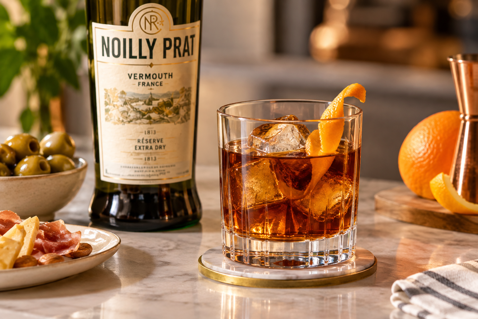 Glass of vermouth served over ice with orange twist showing how to drink vermouth as aperitif
