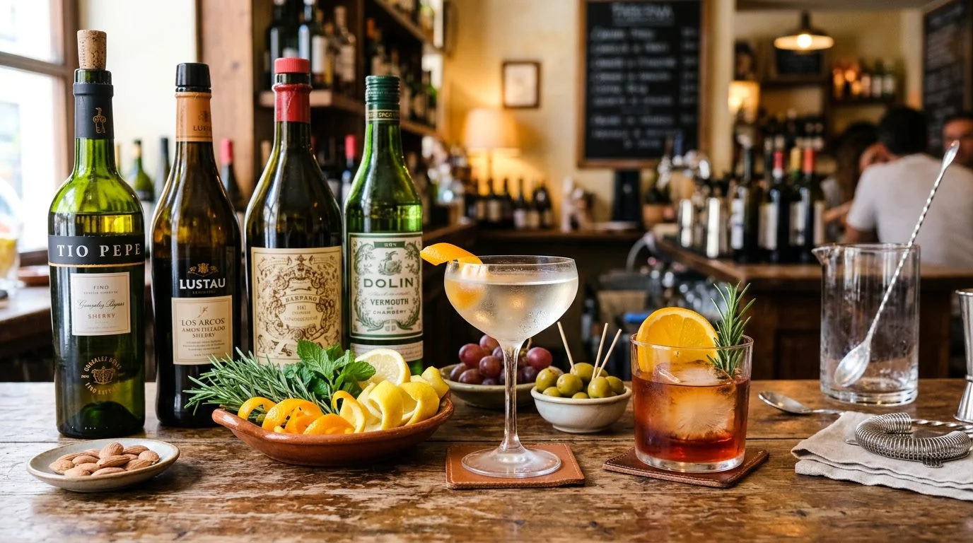 Bottles of sherry and vermouth arranged with wine-based cocktails and fresh garnishes